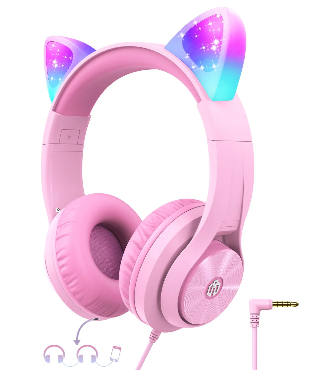 iClever Kids Headphones with Cat Ear Led Light Up, Safe Volume Limite Kids Wired Headphones with FunShare Foldable Over-Ear Headphones for Kids/School/iPad/Tablet/Travel, Meow Donut-Pink Pink Medium