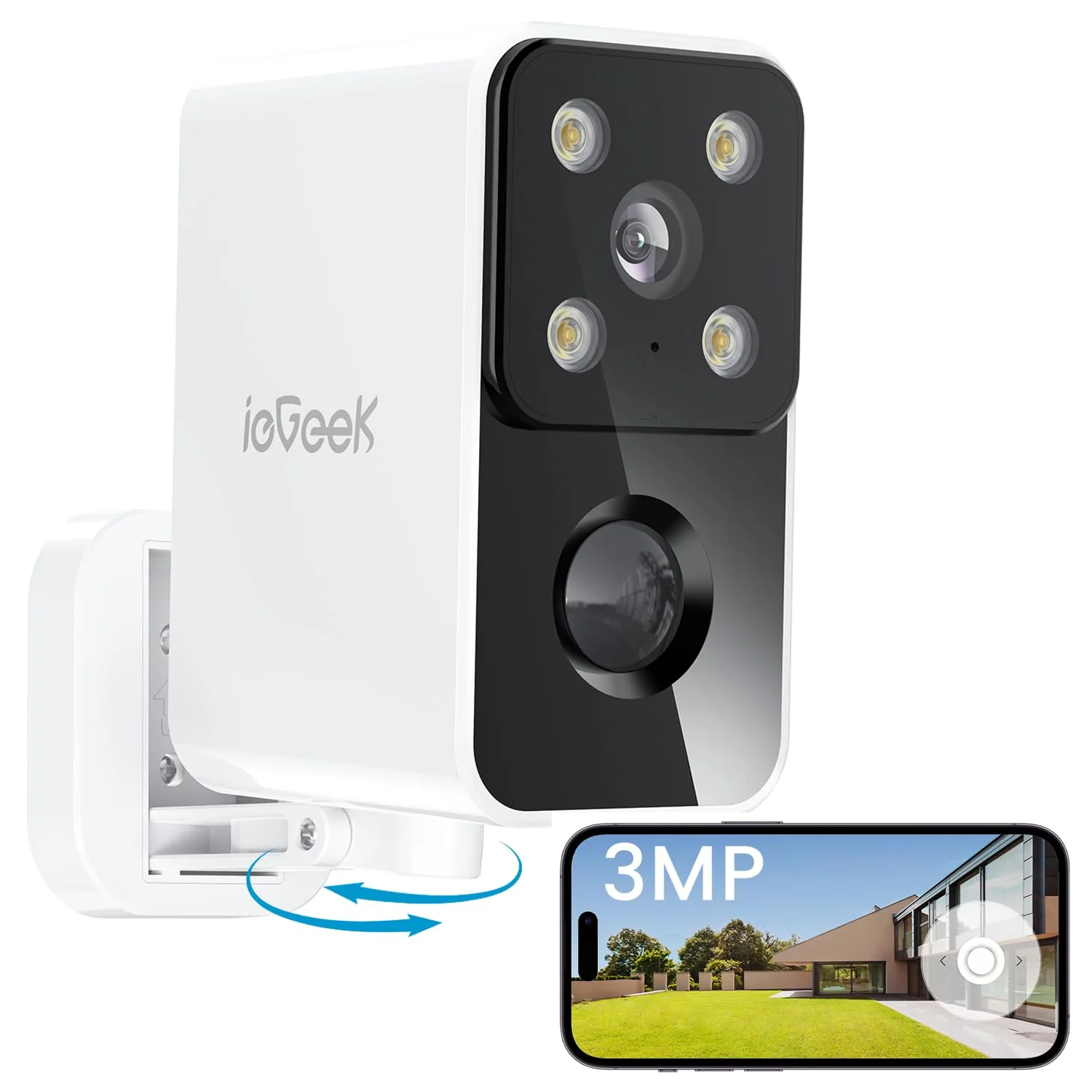 ieGeek Security Cameras Wireless Outdoor Pan Rotating 180° Home Security Cameras, 2.4G WiFi Camera Battery Powered with 2K Color Night Vision, Smart AI Detection, 2-Way Audio, Local/Cloud Storage,IP65 White-1 Pack