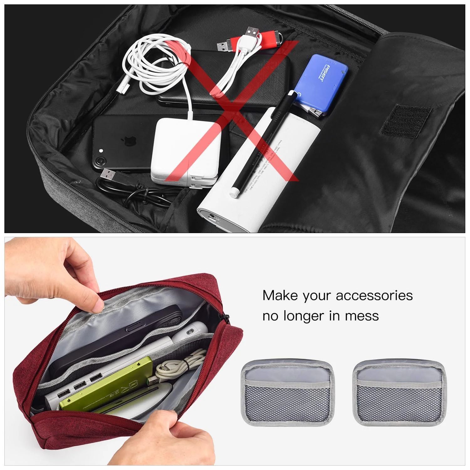 imComor Universal Electronics Accessories Case Bag, 2-Pack Portable Soft Carrying Case Bag Pouch Wire Cable Organizer for Hard Drive, Power Adapter, Laptop Mouse, Cosmetics Kit, Small+Big-Wine Red Wine Red - Image 5