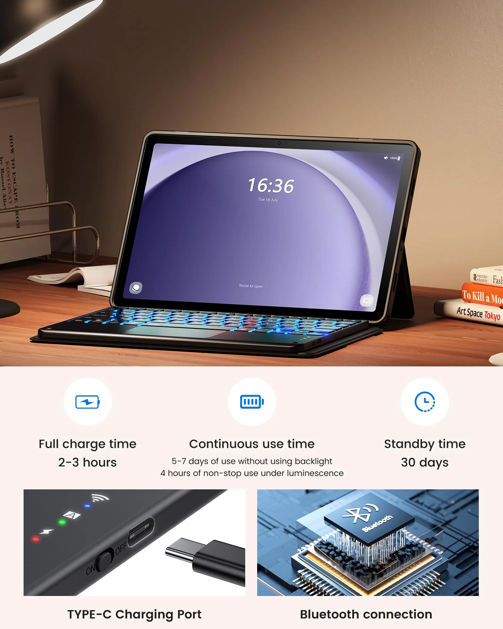 INFILAND Keyboard Case for Samsung Galaxy Tab A9+/A9 Plus 5G with 7-Color Backlight & High Precision Trackpad, Slim and Portable Detachable Folder Style Keyboard Case for Tab A9+ 11 inch, Black 01-Black - Image 4