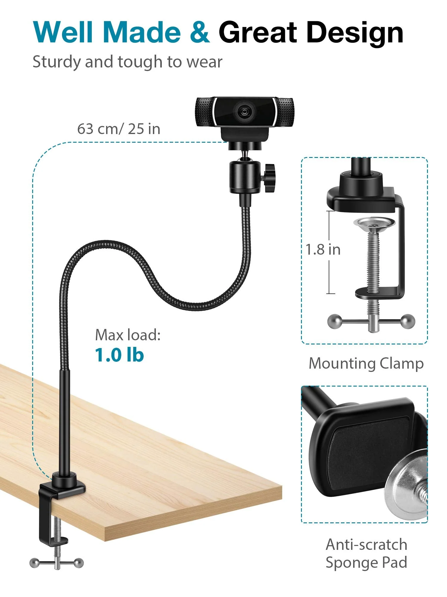 InnoGear 25 Inch Webcam Stand, Flexible Cell Phone Stand Desk Mount Camera Stand Gooseneck for Logitech Webcam BRIO C920 C920S C922 C922x C925e C930 C930e C615 - Image 4