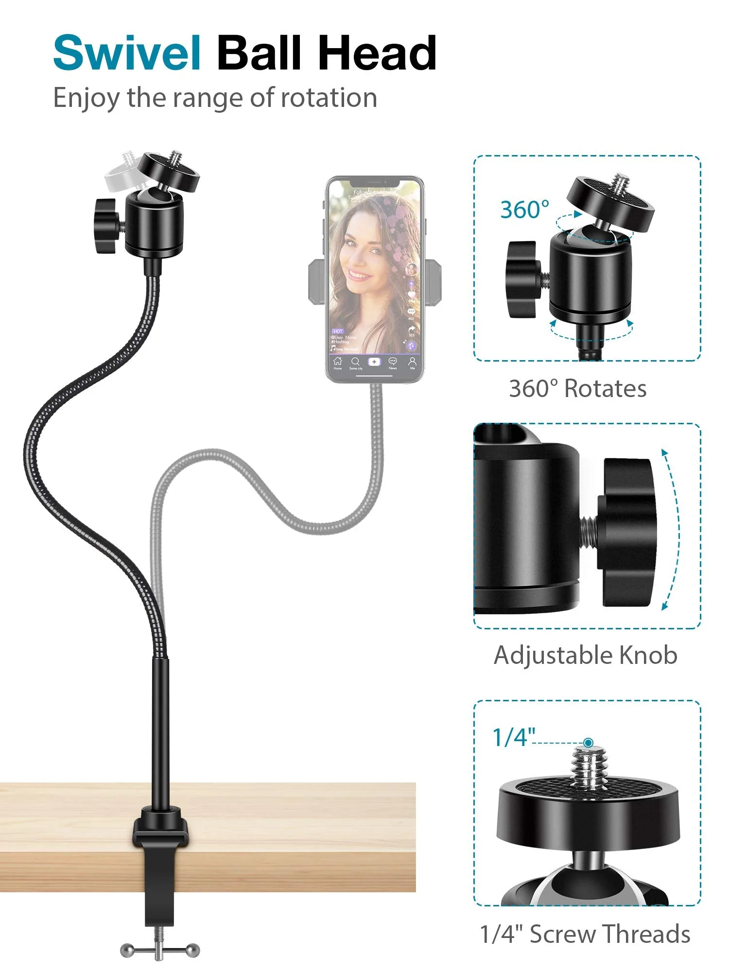InnoGear 25 Inch Webcam Stand, Flexible Cell Phone Stand Desk Mount Camera Stand Gooseneck for Logitech Webcam BRIO C920 C920S C922 C922x C925e C930 C930e C615 - Image 6