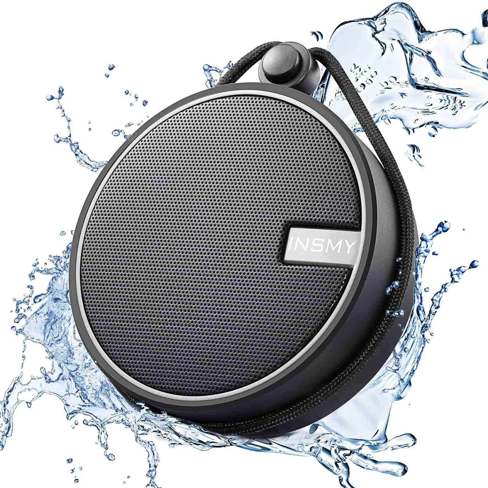 INSMY C12 IPX7 Waterproof Shower Bluetooth Speaker, Portable Wireless Outdoor Speaker with HD Sound, Support TF Card, Suction Cup for Home, Pool, Beach, Boating, Hiking 12H Playtime (Black) Black