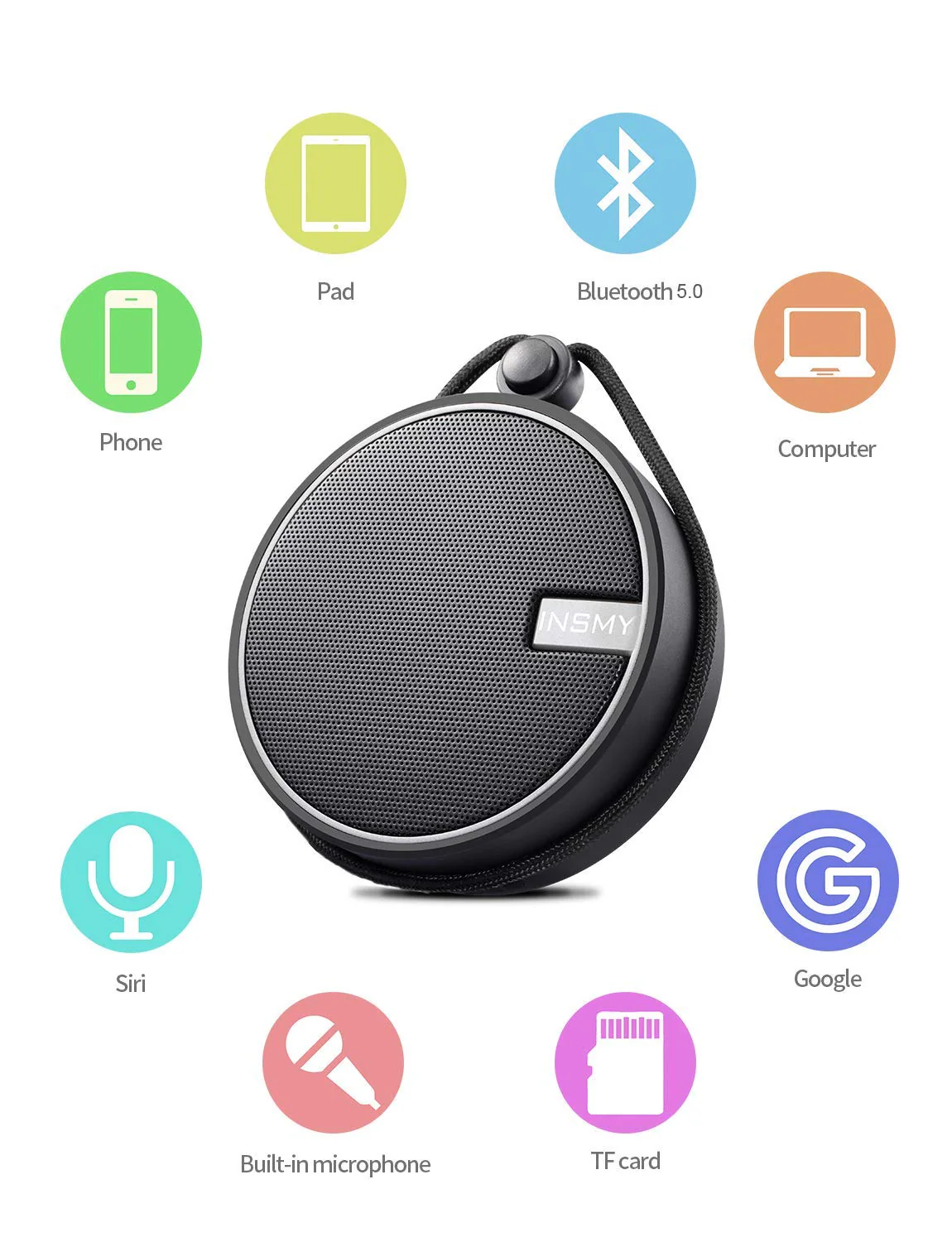 INSMY C12 IPX7 Waterproof Shower Bluetooth Speaker, Portable Wireless Outdoor Speaker with HD Sound, Support TF Card, Suction Cup for Home, Pool, Beach, Boating, Hiking 12H Playtime (Black) Black - Image 5