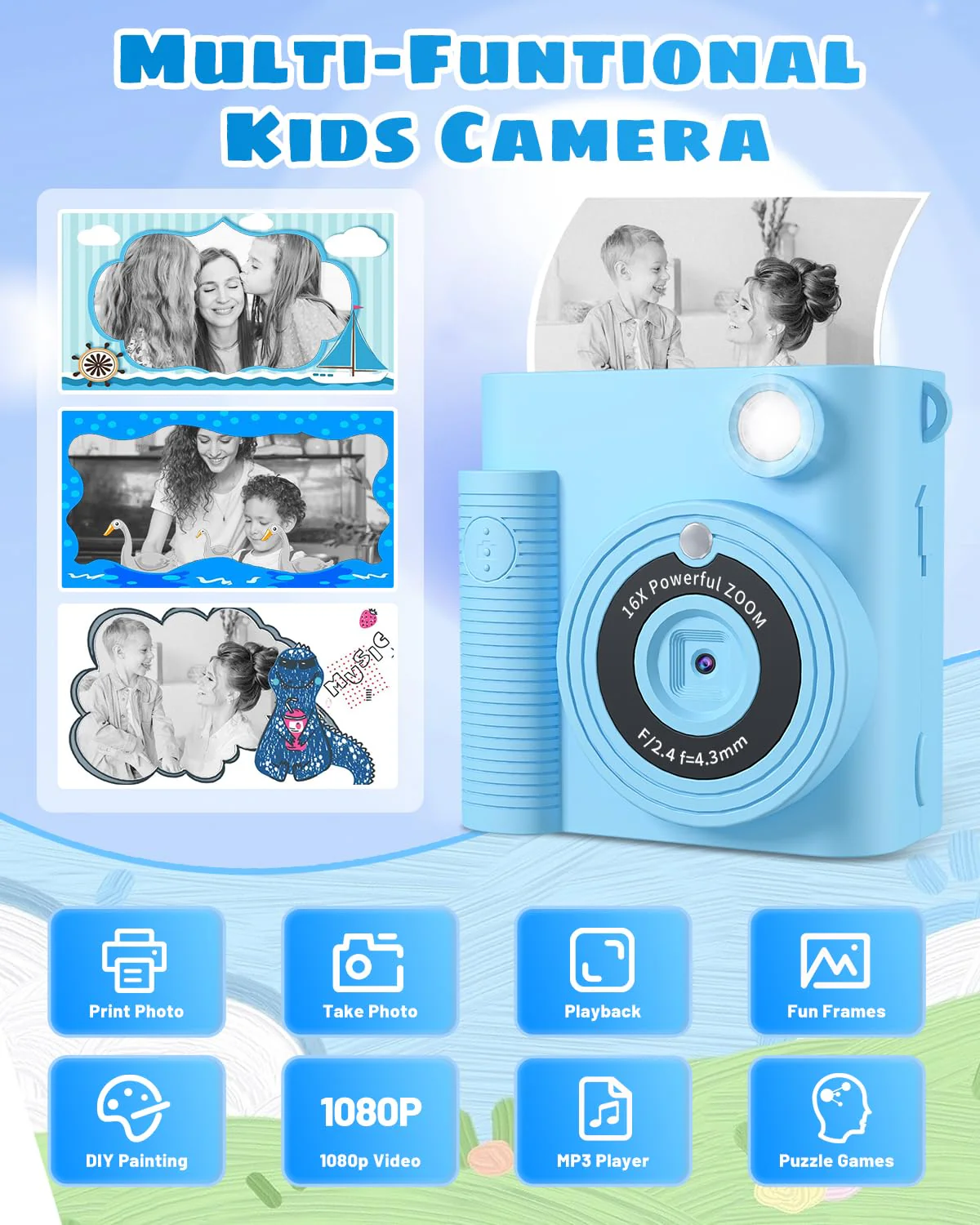Instant Print Camera for Kids,1080P HD Digital Kids Camera with 32G SD Card,Video Camera for Toddler Christmas Birthday Gifts for 3 4 5 6 7 8 9 10 11 Years Old Girls Boys BLUE - Image 2