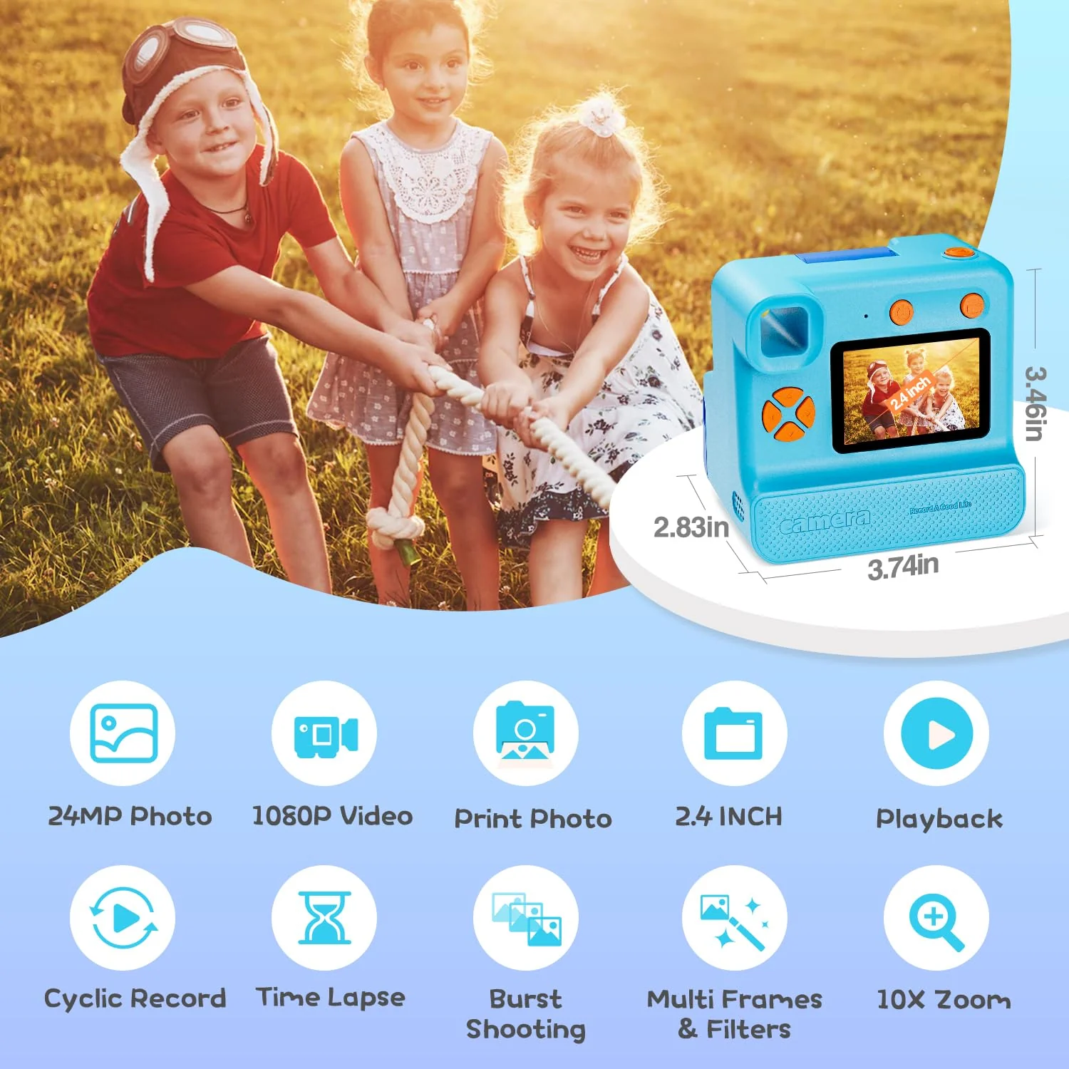 Instant Print Camera for Kids, 1080P Kids Instant Cameras,HD Digital Video Cameras Toddler 3 Print Paper & 32G Card,Christams Birthday Gifts for Girls Boys Age 3-12 (Blue) Blue - Image 2