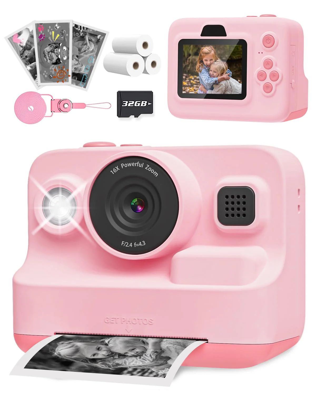 Instant Print Camera for Kids, 2.4 Inch Screen Camera with 3 Print Paper, Birthday Gift for Girls Boys Age 3-12, 1080P Instant Camera Toys for 3 4 5 6 7 8 Year Old - Pink
