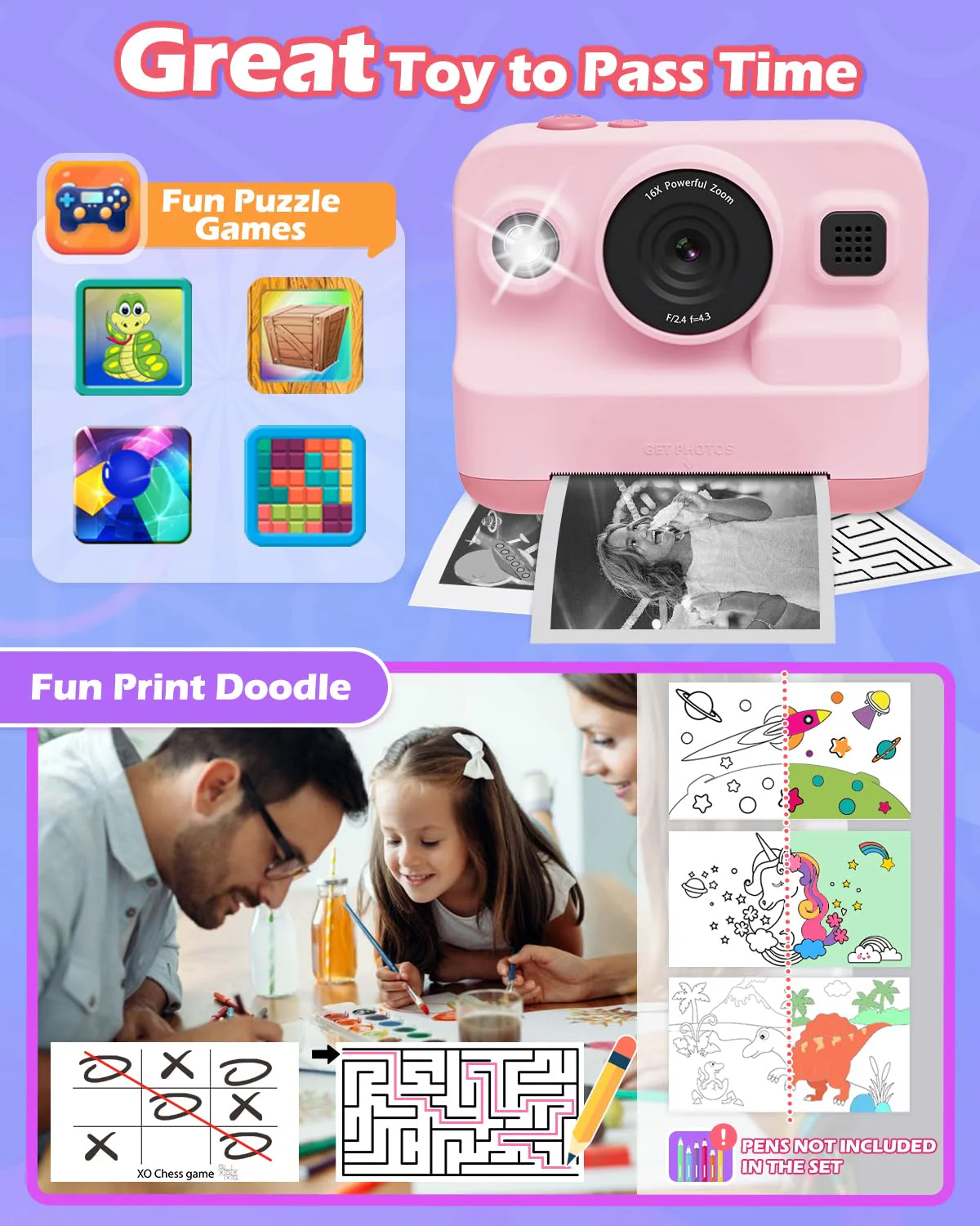 Instant Print Camera for Kids, 2.4 Inch Screen Camera with 3 Print Paper, Birthday Gift for Girls Boys Age 3-12, 1080P Instant Camera Toys for 3 4 5 6 7 8 Year Old - Pink - Image 5