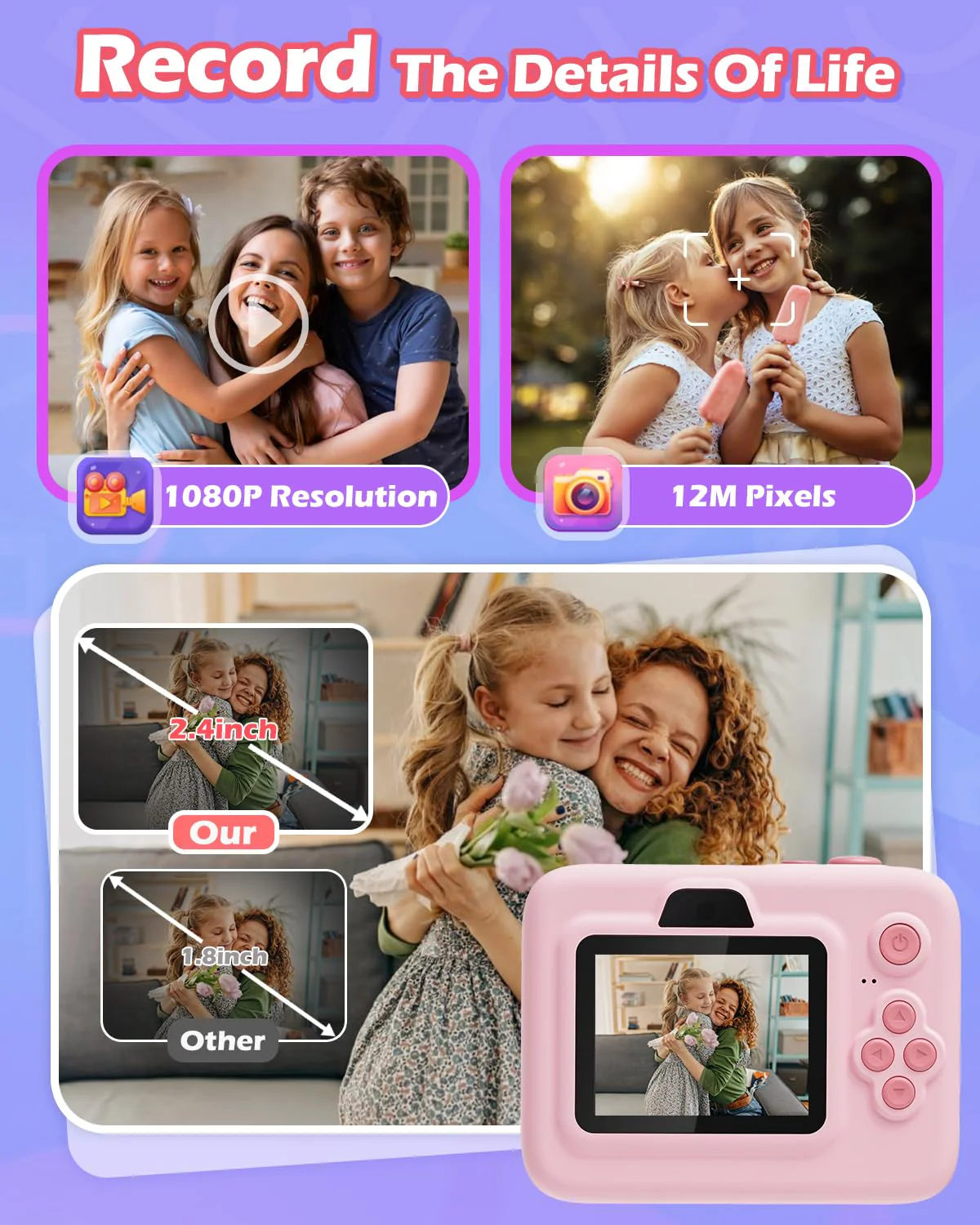 Instant Print Camera for Kids, 2.4 Inch Screen Camera with 3 Print Paper, Birthday Gift for Girls Boys Age 3-12, 1080P Instant Camera Toys for 3 4 5 6 7 8 Year Old - Pink - Image 6