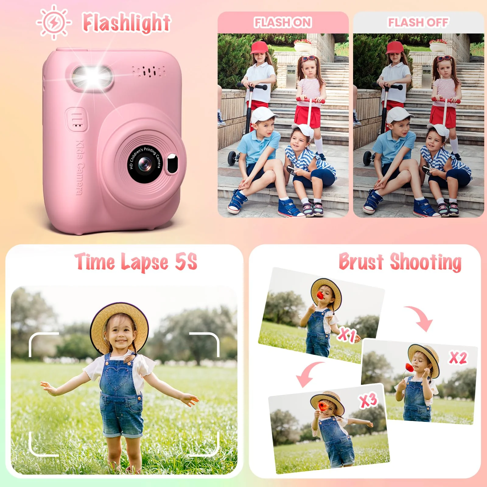 Instant Print Camera for Kids, 3.0" HD 1080P Digital Video Cameras with 3 Rolls of Printer Paper for Toddler, Birthday Gifts Toy for 3 4 5 6 7 8 9 10 Year Old Girls Boys with 32GB SD Card-Pink Pink - Image 3