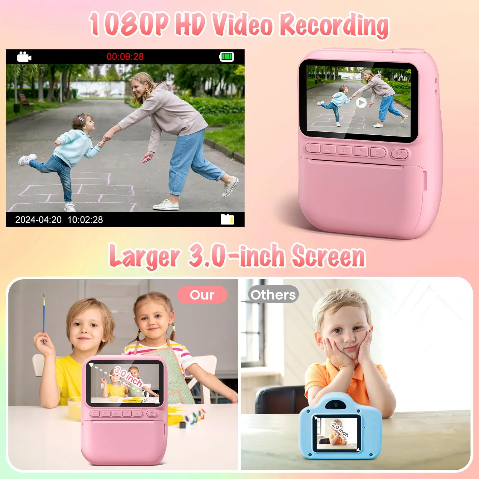Instant Print Camera for Kids, 3.0" HD 1080P Digital Video Cameras with 3 Rolls of Printer Paper for Toddler, Birthday Gifts Toy for 3 4 5 6 7 8 9 10 Year Old Girls Boys with 32GB SD Card-Pink Pink - Image 4