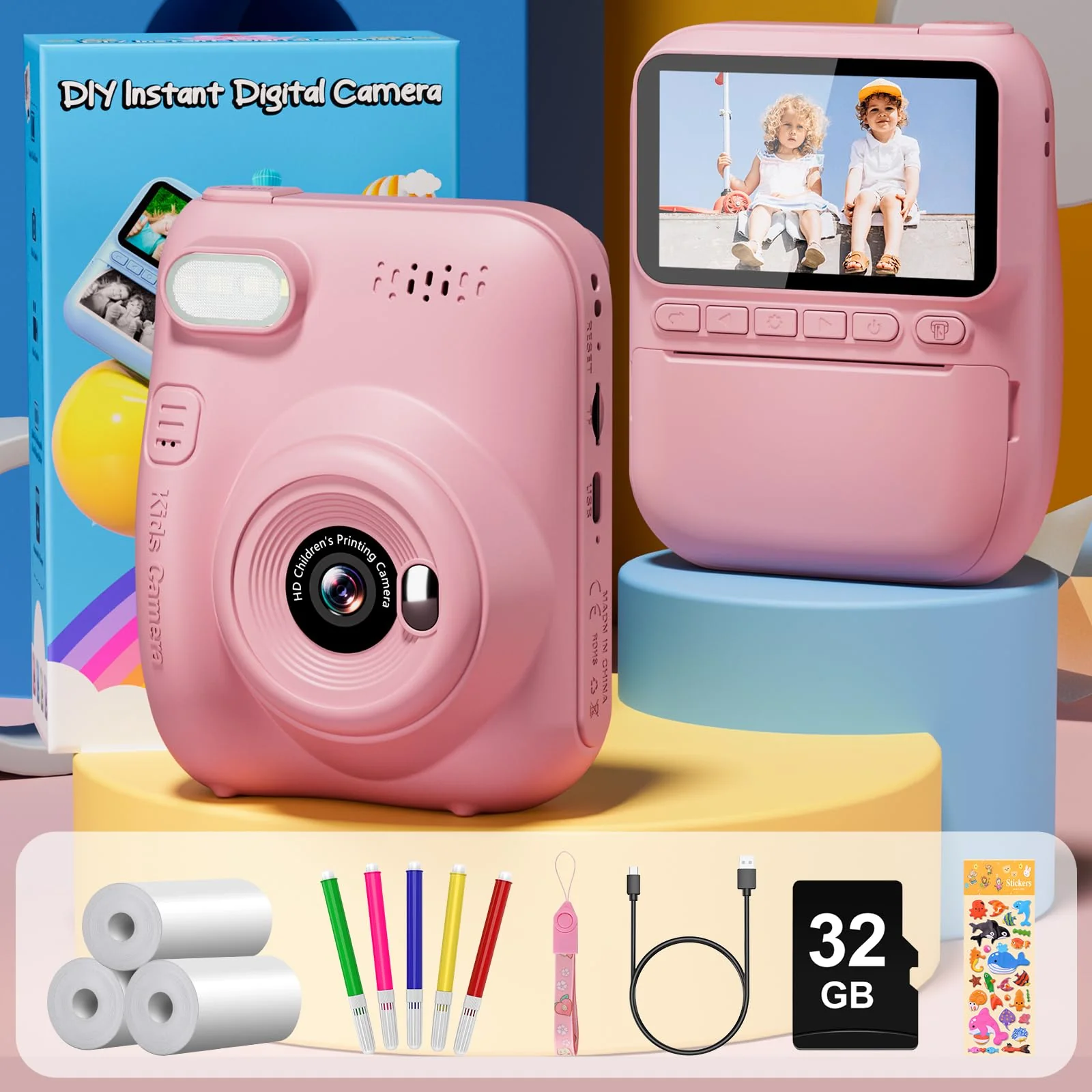 Instant Print Camera for Kids, 3.0" HD 1080P Digital Video Cameras with 3 Rolls of Printer Paper for Toddler, Birthday Gifts Toy for 3 4 5 6 7 8 9 10 Year Old Girls Boys with 32GB SD Card-Pink Pink - Image 7
