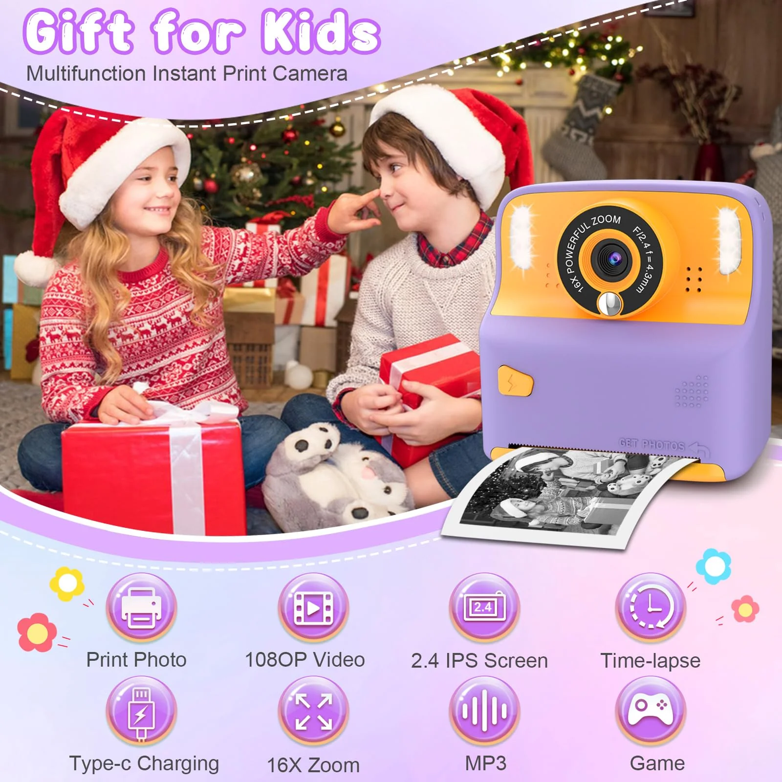 Instant Print Camera for Kids, Christmas Birthday Gift for 3-12 Year Old Girls Boys, Children Digital Camera Print Black and White Photo for Toddler Toys, 2.4 inch Screen with 32GB Card (Purple) Purple - Image 2