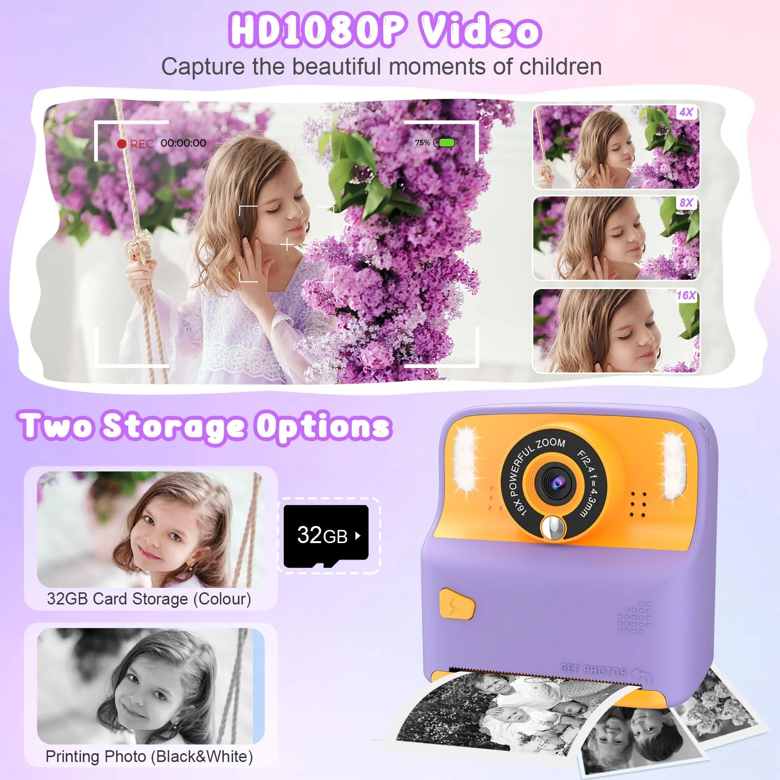 Instant Print Camera for Kids, Christmas Birthday Gift for 3-12 Year Old Girls Boys, Children Digital Camera Print Black and White Photo for Toddler Toys, 2.4 inch Screen with 32GB Card (Purple) Purple - Image 3