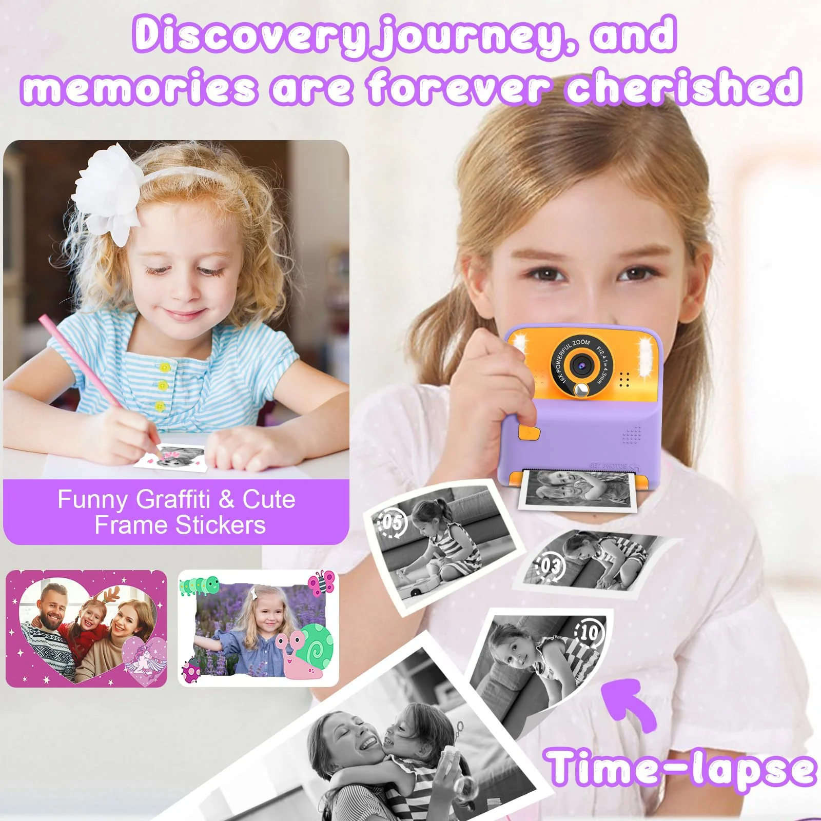 Instant Print Camera for Kids, Christmas Birthday Gift for 3-12 Year Old Girls Boys, Children Digital Camera Print Black and White Photo for Toddler Toys, 2.4 inch Screen with 32GB Card (Purple) Purple - Image 4