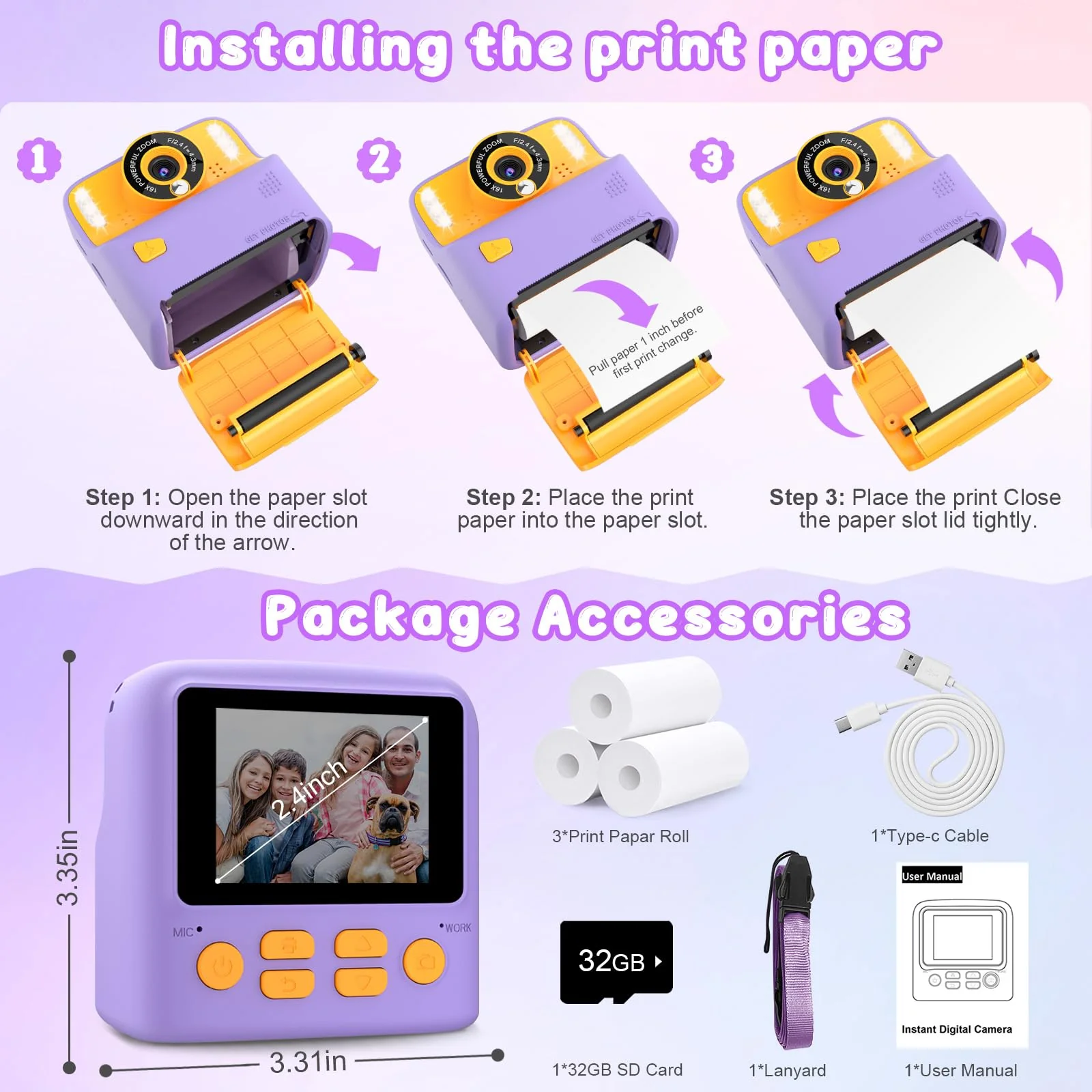 Instant Print Camera for Kids, Christmas Birthday Gift for 3-12 Year Old Girls Boys, Children Digital Camera Print Black and White Photo for Toddler Toys, 2.4 inch Screen with 32GB Card (Purple) Purple - Image 5