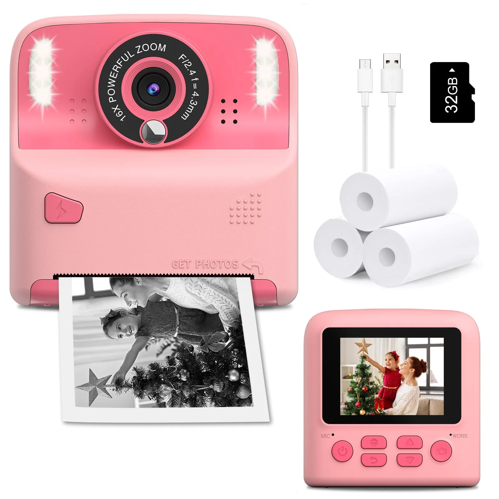 Instant Print Camera for Kids, Christmas Birthday Gift for Girls Boys Age 3-12 Toddler, Print Black White Photo Toy Instant Cameras for 3 4 5 6 7 8 9 Year Old, 2.4 inch Screen with 32GB Card (Pink) Pink