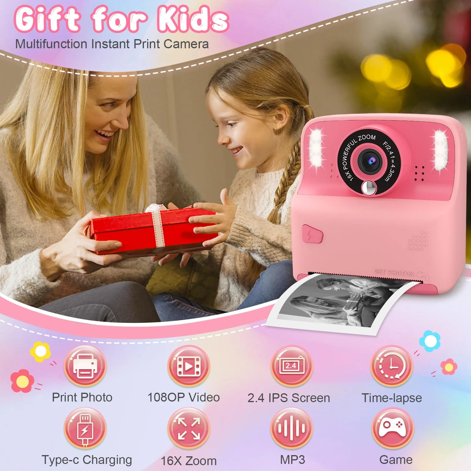 Instant Print Camera for Kids, Christmas Birthday Gift for Girls Boys Age 3-12 Toddler, Print Black White Photo Toy Instant Cameras for 3 4 5 6 7 8 9 Year Old, 2.4 inch Screen with 32GB Card (Pink) Pink - Image 2