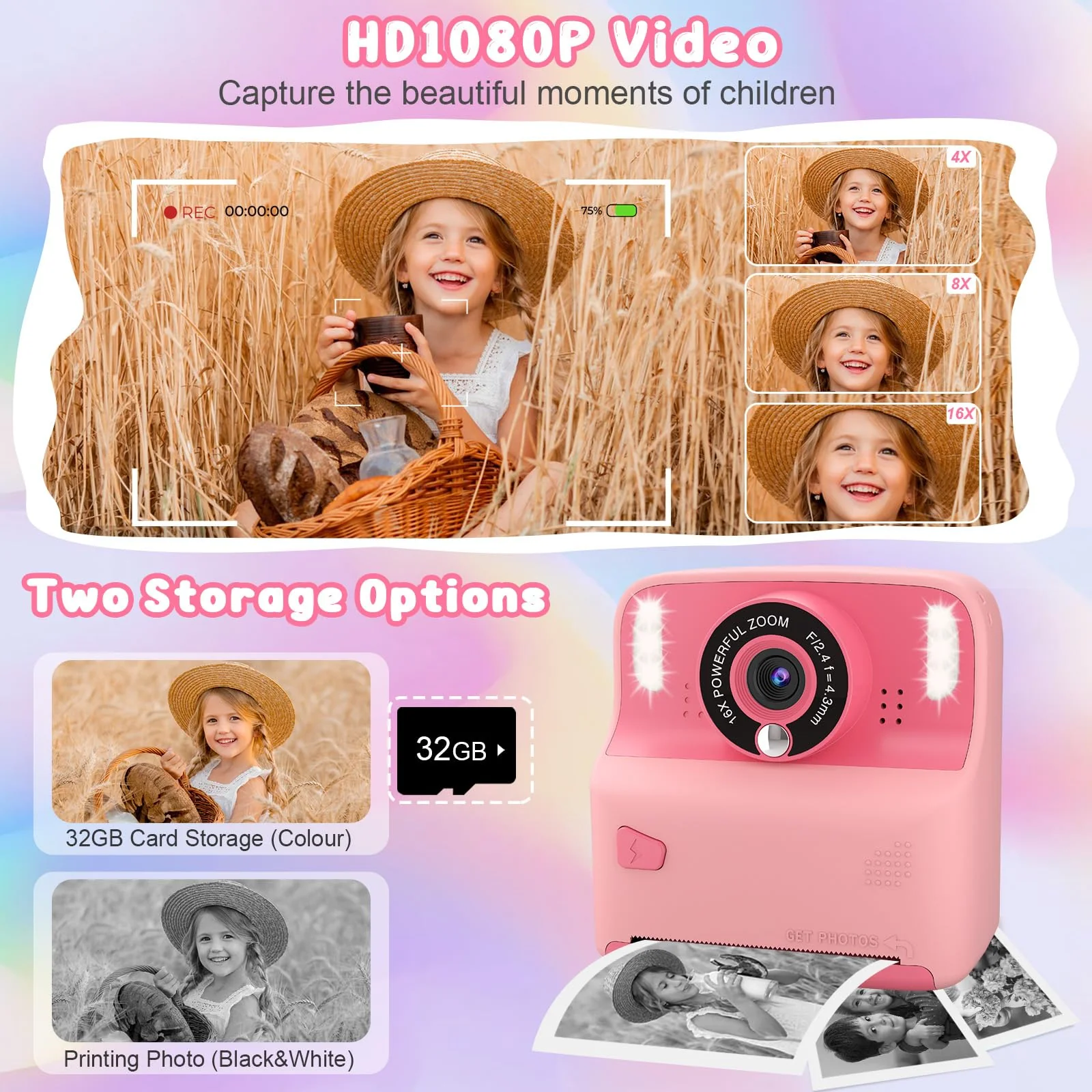 Instant Print Camera for Kids, Christmas Birthday Gift for Girls Boys Age 3-12 Toddler, Print Black White Photo Toy Instant Cameras for 3 4 5 6 7 8 9 Year Old, 2.4 inch Screen with 32GB Card (Pink) Pink - Image 3