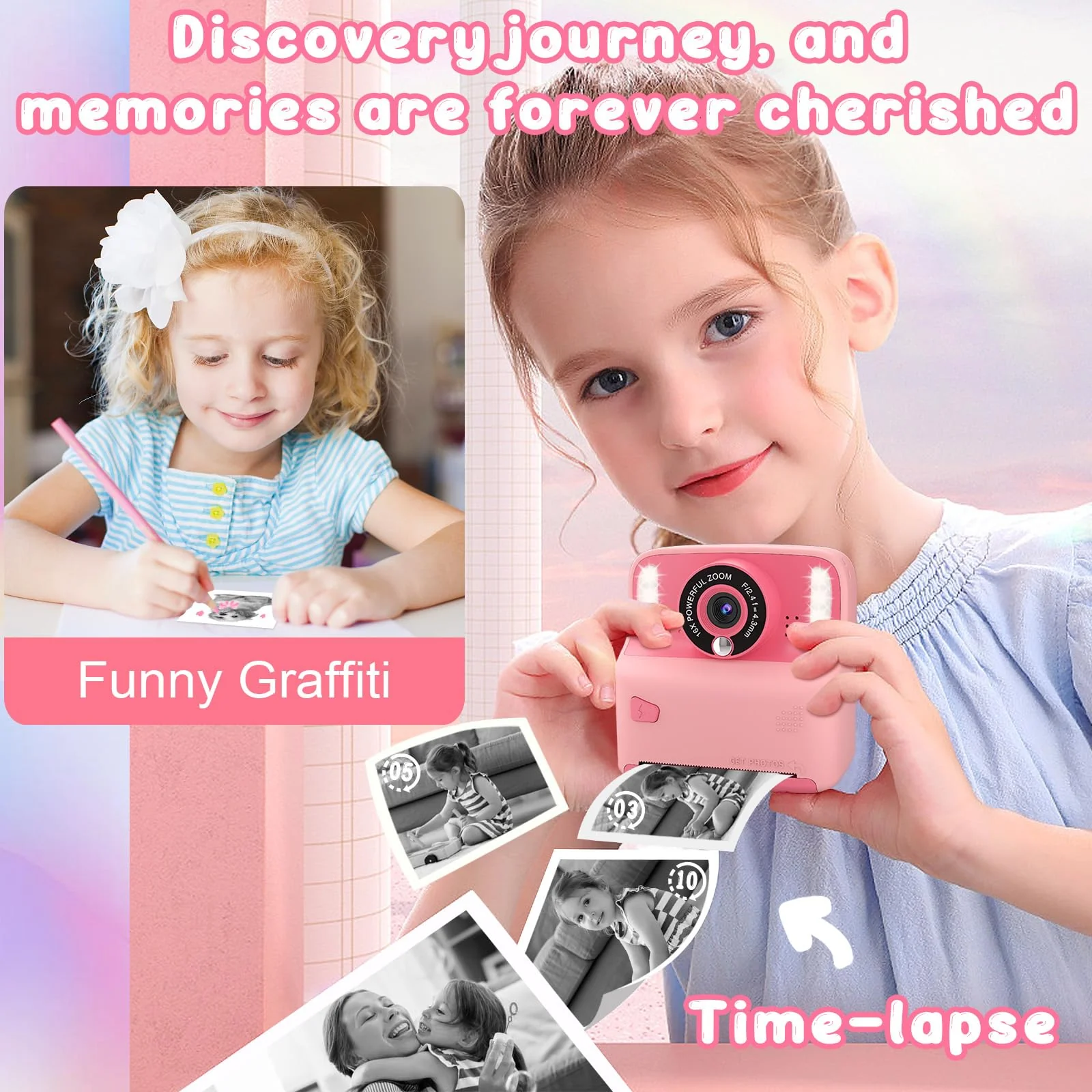Instant Print Camera for Kids, Christmas Birthday Gift for Girls Boys Age 3-12 Toddler, Print Black White Photo Toy Instant Cameras for 3 4 5 6 7 8 9 Year Old, 2.4 inch Screen with 32GB Card (Pink) Pink - Image 4