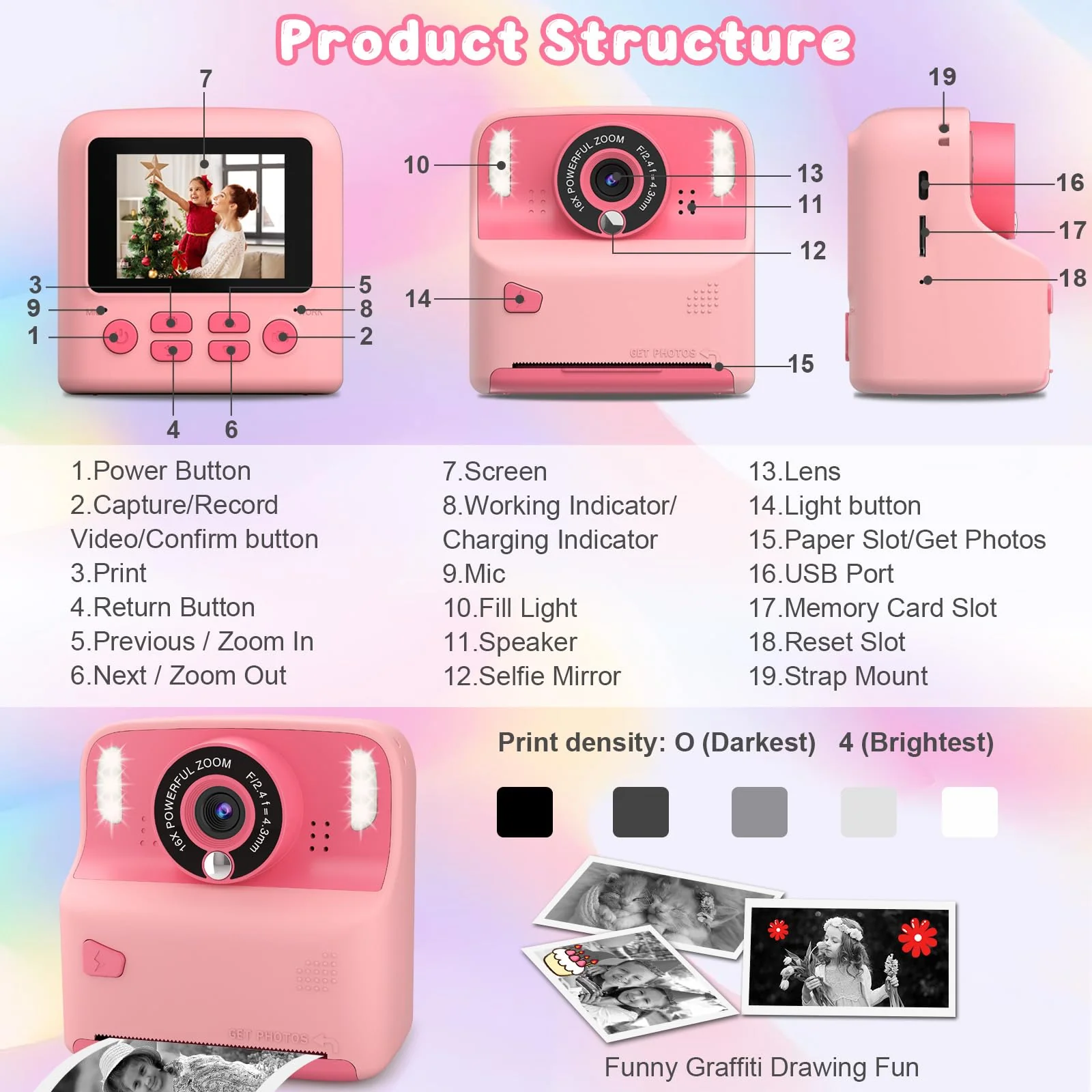 Instant Print Camera for Kids, Christmas Birthday Gift for Girls Boys Age 3-12 Toddler, Print Black White Photo Toy Instant Cameras for 3 4 5 6 7 8 9 Year Old, 2.4 inch Screen with 32GB Card (Pink) Pink - Image 5
