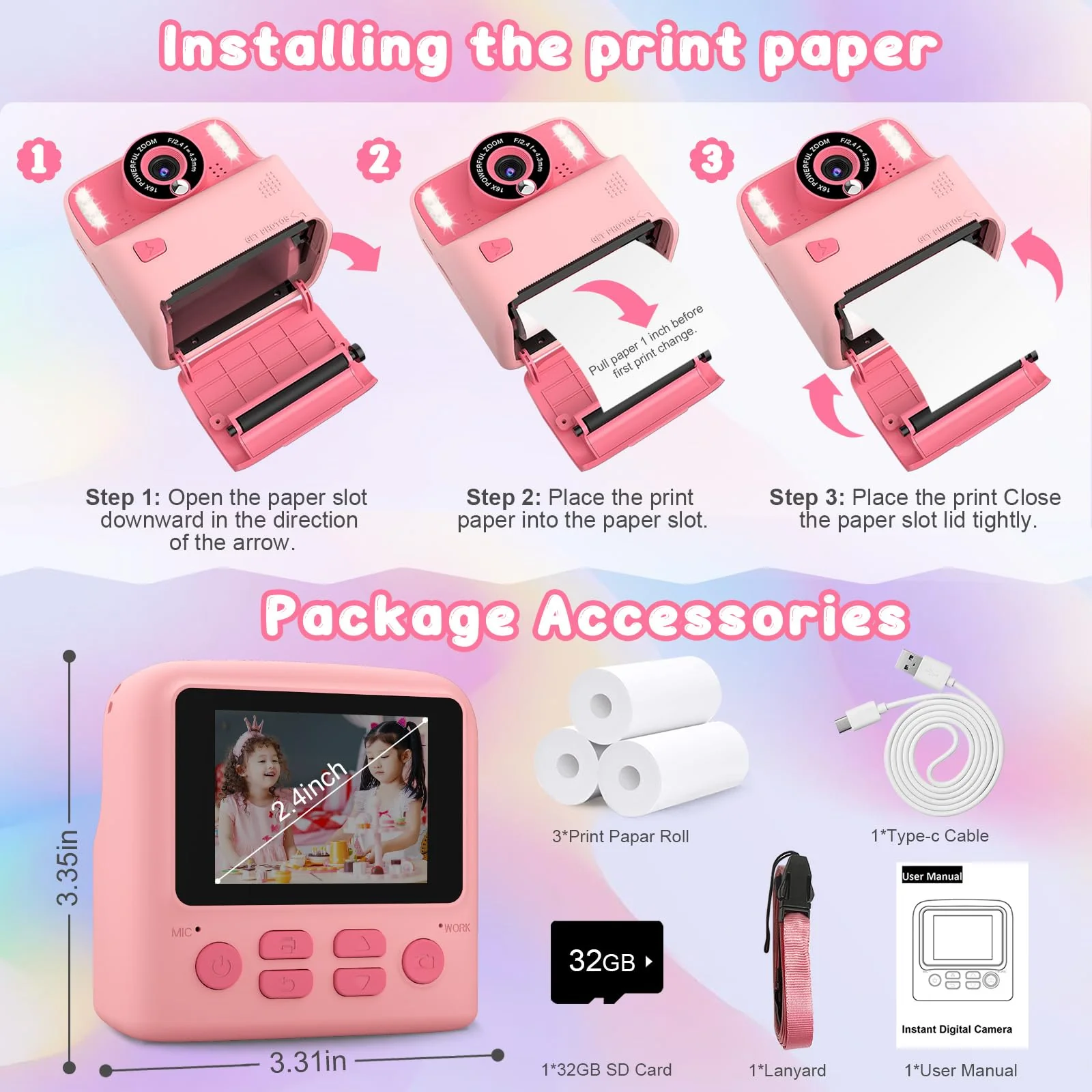 Instant Print Camera for Kids, Christmas Birthday Gift for Girls Boys Age 3-12 Toddler, Print Black White Photo Toy Instant Cameras for 3 4 5 6 7 8 9 Year Old, 2.4 inch Screen with 32GB Card (Pink) Pink - Image 6