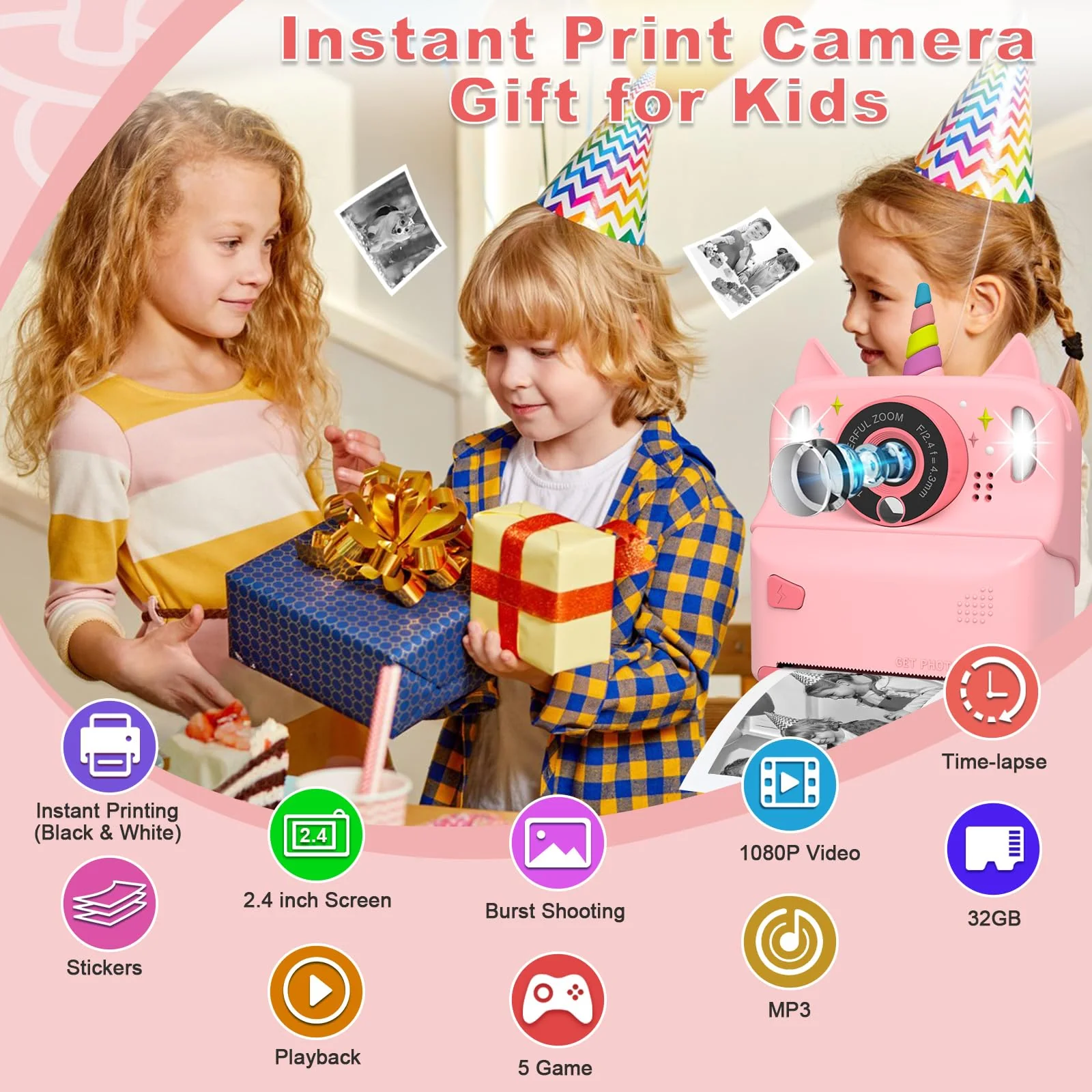 Instant Print Camera for Kids - Christmas Birthday Gift Toy for Girl Boy Age 3-9, Children Selfie Digital Cameras with Cartoon Soft Silicone Cover, Print Black White Photo with 32GB Card (Pink) Pink - Image 2