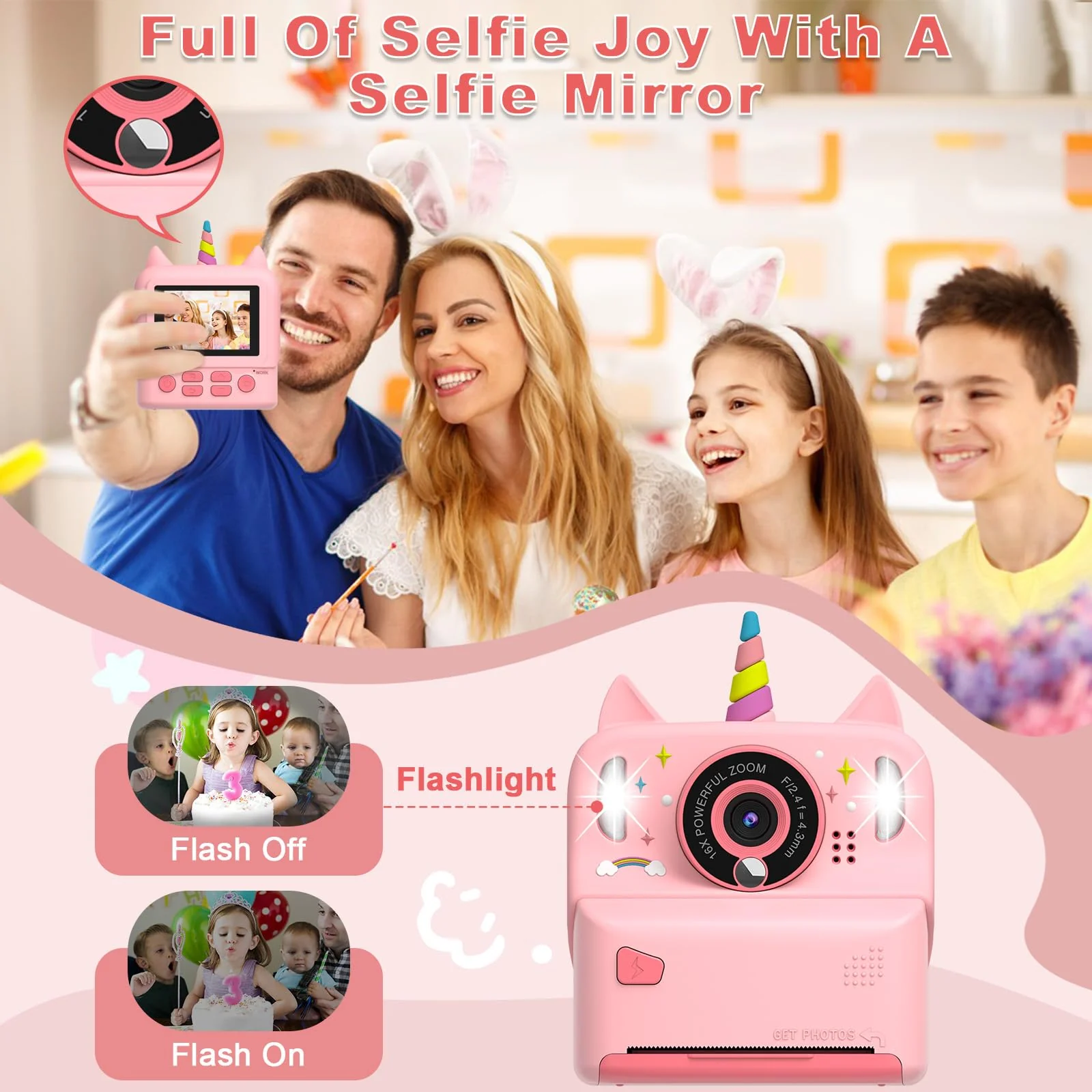Instant Print Camera for Kids - Christmas Birthday Gift Toy for Girl Boy Age 3-9, Children Selfie Digital Cameras with Cartoon Soft Silicone Cover, Print Black White Photo with 32GB Card (Pink) Pink - Image 3
