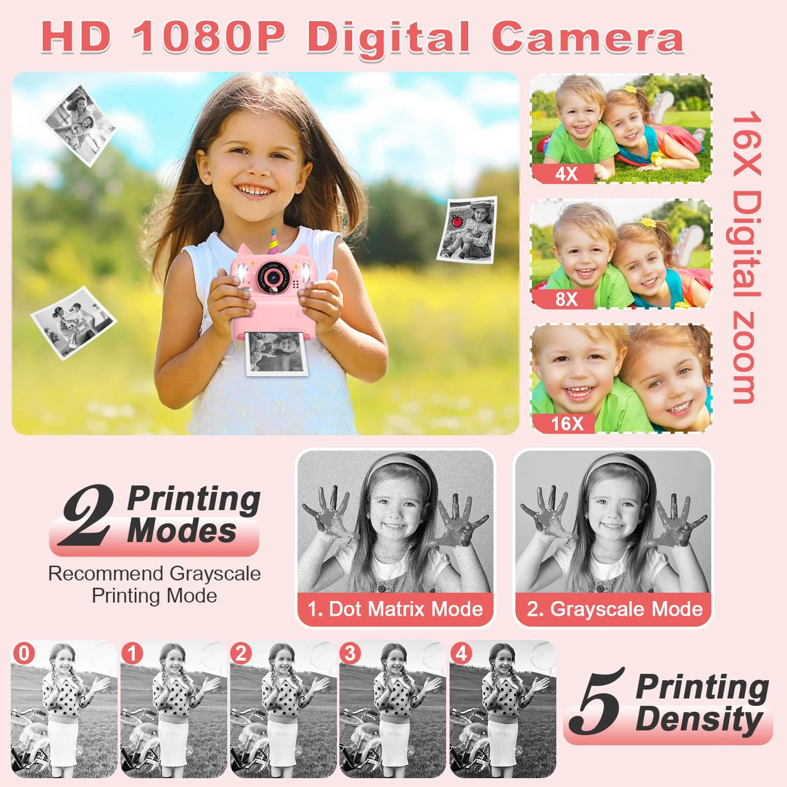 Instant Print Camera for Kids - Christmas Birthday Gift Toy for Girl Boy Age 3-9, Children Selfie Digital Cameras with Cartoon Soft Silicone Cover, Print Black White Photo with 32GB Card (Pink) Pink - Image 4