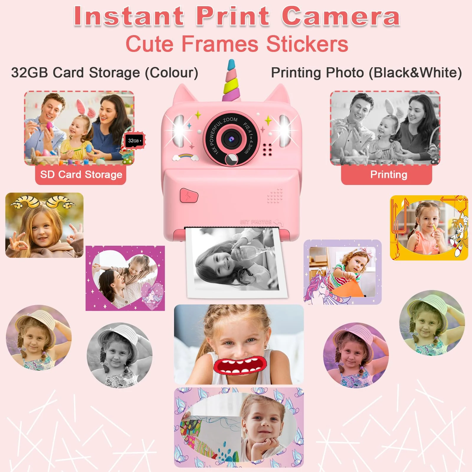 Instant Print Camera for Kids - Christmas Birthday Gift Toy for Girl Boy Age 3-9, Children Selfie Digital Cameras with Cartoon Soft Silicone Cover, Print Black White Photo with 32GB Card (Pink) Pink - Image 5