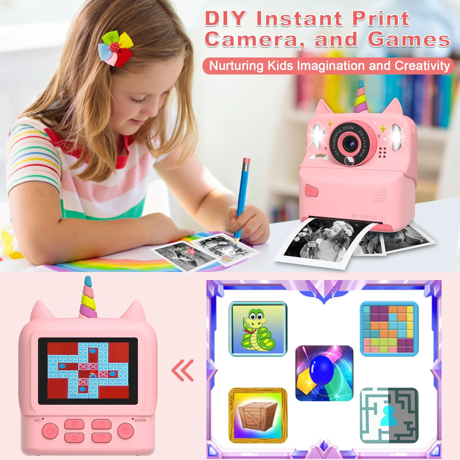 Instant Print Camera for Kids - Christmas Birthday Gift Toy for Girl Boy Age 3-9, Children Selfie Digital Cameras with Cartoon Soft Silicone Cover, Print Black White Photo with 32GB Card (Pink) Pink - Image 6