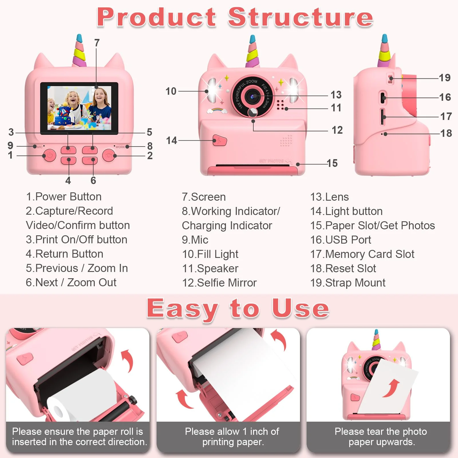 Instant Print Camera for Kids - Christmas Birthday Gift Toy for Girl Boy Age 3-9, Children Selfie Digital Cameras with Cartoon Soft Silicone Cover, Print Black White Photo with 32GB Card (Pink) Pink - Image 7