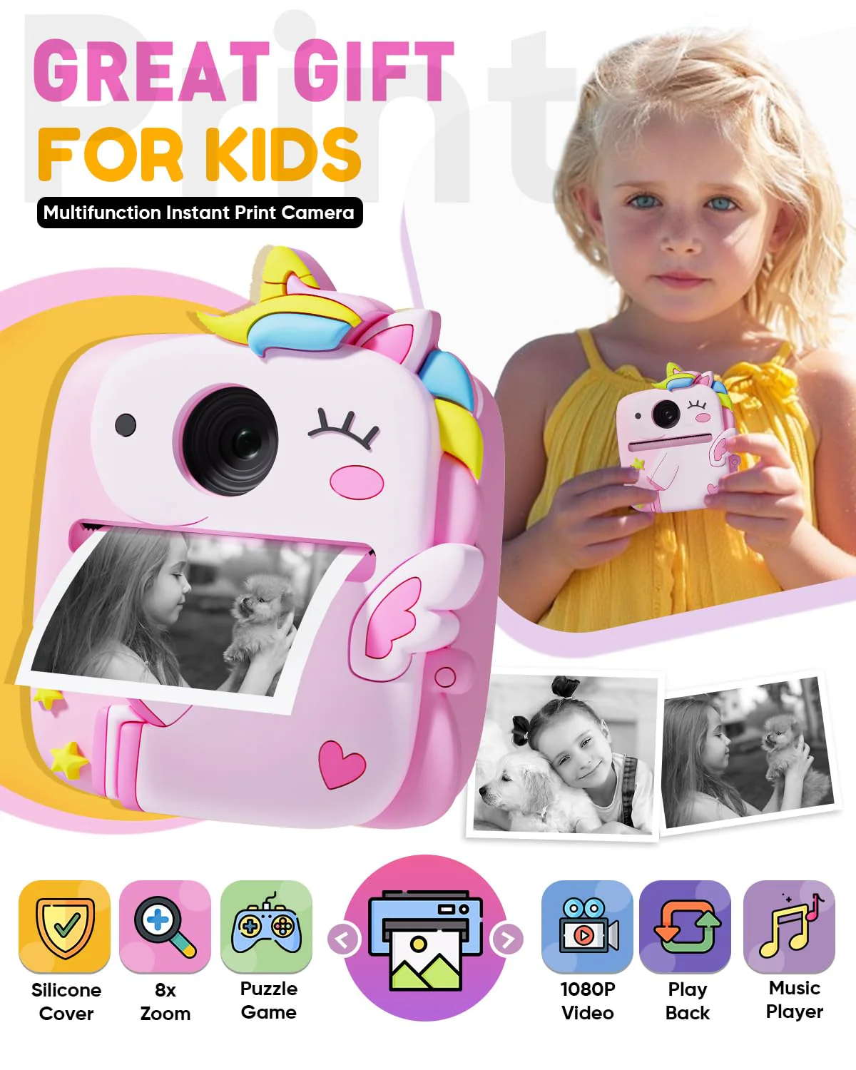 Instant Print Camera for Kids, Christmas Birthday Gifts for 3-8 Year Old Boys Girls, 1080P Kids Digital Camera Toys for Kids Age 3 4 5 6 7 8 with Silicone Cover-Pink Pink - Image 2