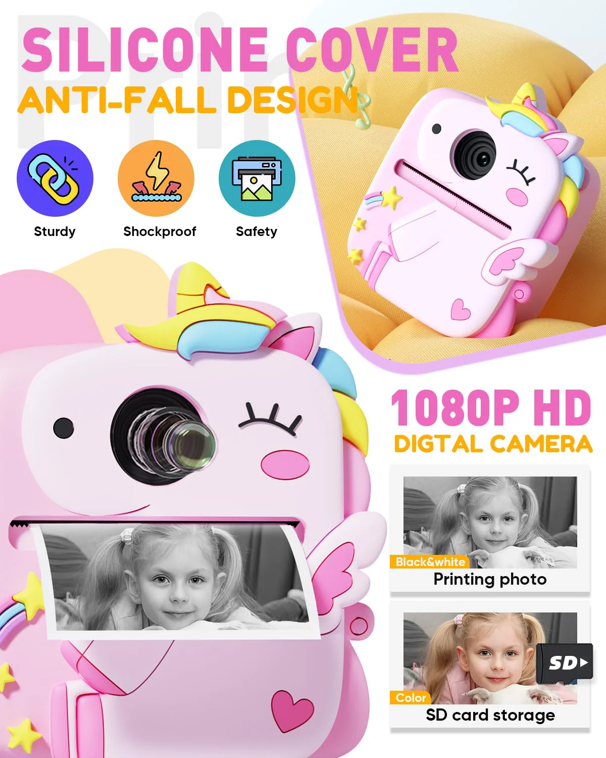 Instant Print Camera for Kids, Christmas Birthday Gifts for 3-8 Year Old Boys Girls, 1080P Kids Digital Camera Toys for Kids Age 3 4 5 6 7 8 with Silicone Cover-Pink Pink - Image 4