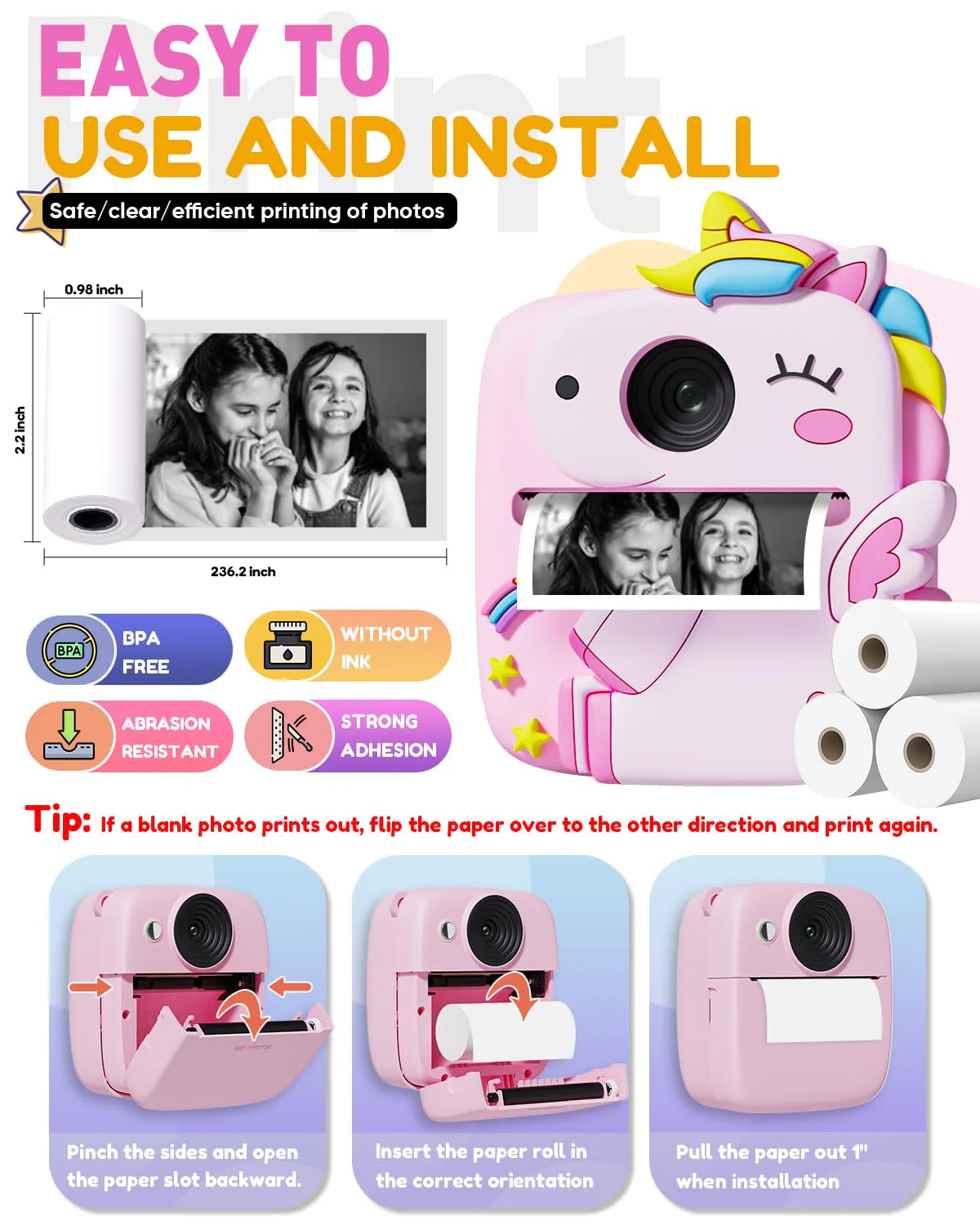 Instant Print Camera for Kids, Christmas Birthday Gifts for 3-8 Year Old Boys Girls, 1080P Kids Digital Camera Toys for Kids Age 3 4 5 6 7 8 with Silicone Cover-Pink Pink - Image 7