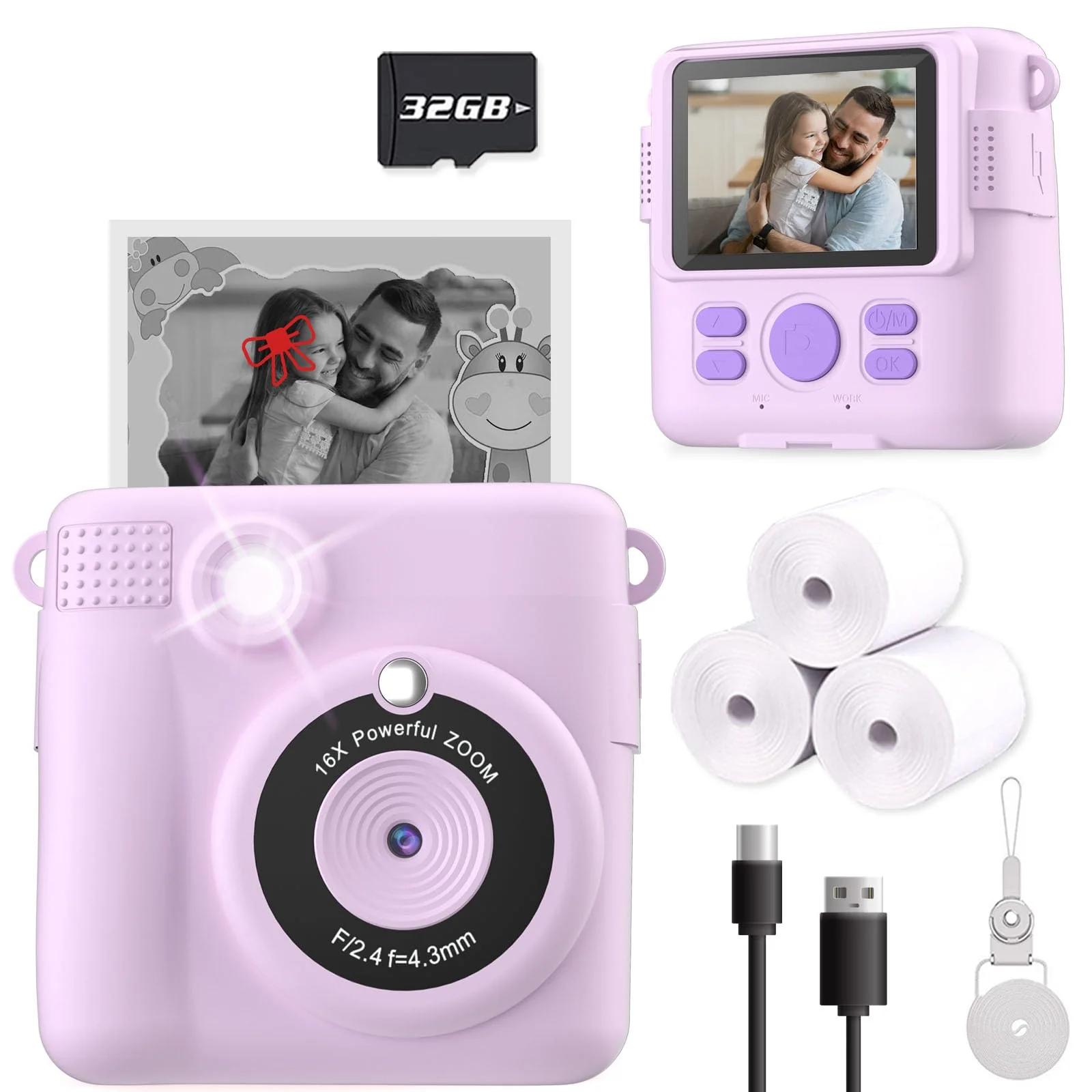 Instant Print Camera for Kids, Christmas Birthday Gifts for Girls Boys, HD Digital Video Cameras for Toddler, Portable Toy for 4 5 6 7 8 9 10 Year Old Girl with 32GB SD Card-Purple Purple