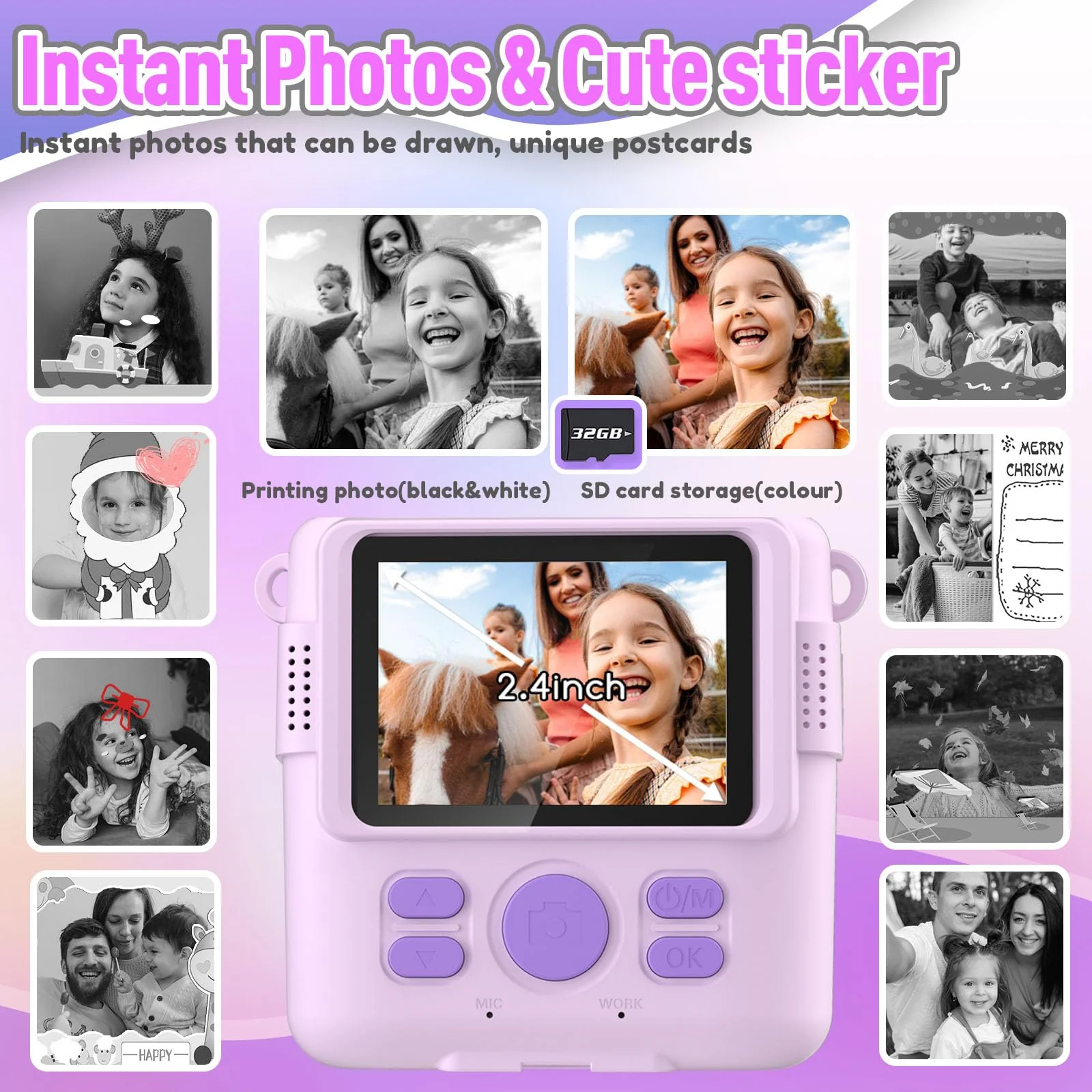 Instant Print Camera for Kids, Christmas Birthday Gifts for Girls Boys, HD Digital Video Cameras for Toddler, Portable Toy for 4 5 6 7 8 9 10 Year Old Girl with 32GB SD Card-Purple Purple - Image 3
