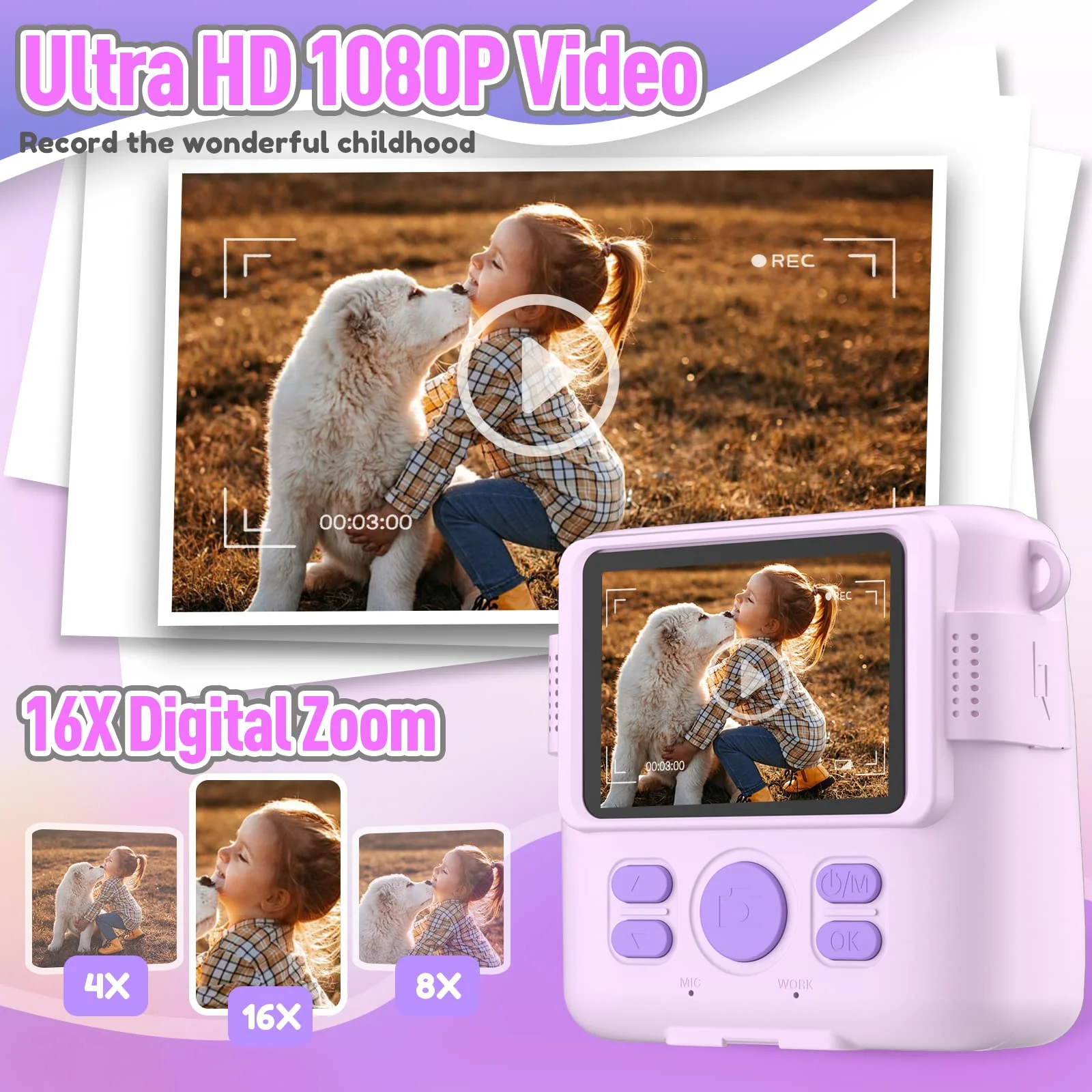 Instant Print Camera for Kids, Christmas Birthday Gifts for Girls Boys, HD Digital Video Cameras for Toddler, Portable Toy for 4 5 6 7 8 9 10 Year Old Girl with 32GB SD Card-Purple Purple - Image 4