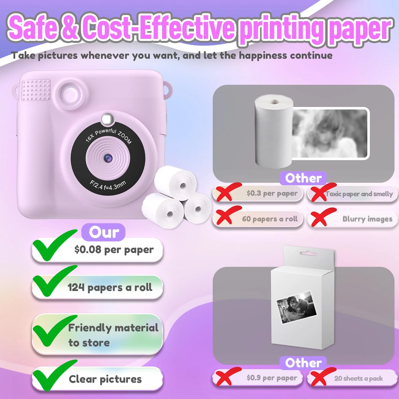 Instant Print Camera for Kids, Christmas Birthday Gifts for Girls Boys, HD Digital Video Cameras for Toddler, Portable Toy for 4 5 6 7 8 9 10 Year Old Girl with 32GB SD Card-Purple Purple - Image 5