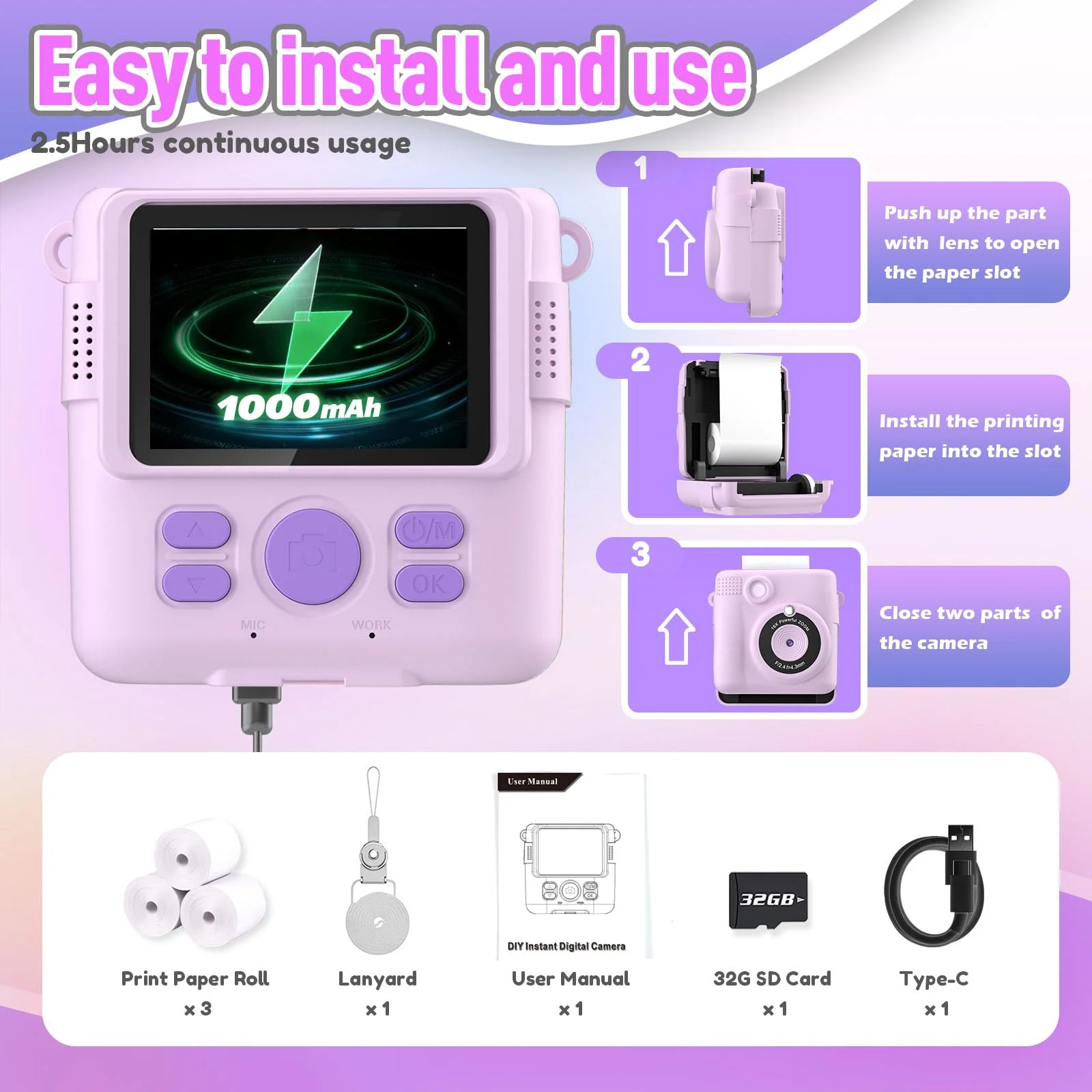 Instant Print Camera for Kids, Christmas Birthday Gifts for Girls Boys, HD Digital Video Cameras for Toddler, Portable Toy for 4 5 6 7 8 9 10 Year Old Girl with 32GB SD Card-Purple Purple - Image 6