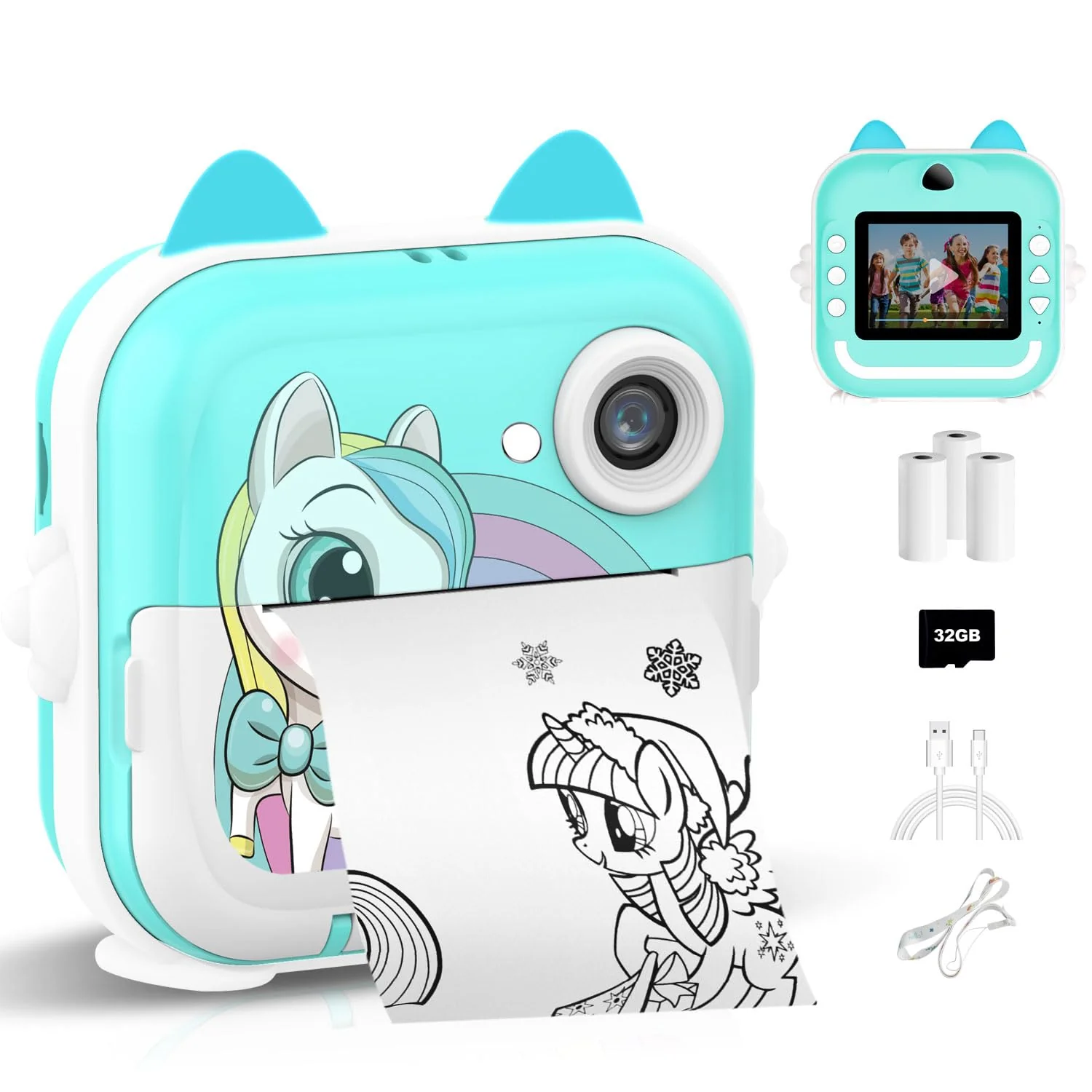 Instant Print Camera for Kids, Christmas Birthday Gifts for Girls Boys, Selfie Digital Camera with 1080P Videos, Portable Travel Camera Toy for 6+ Years Old Girl with Print Paper & 32G Card Green