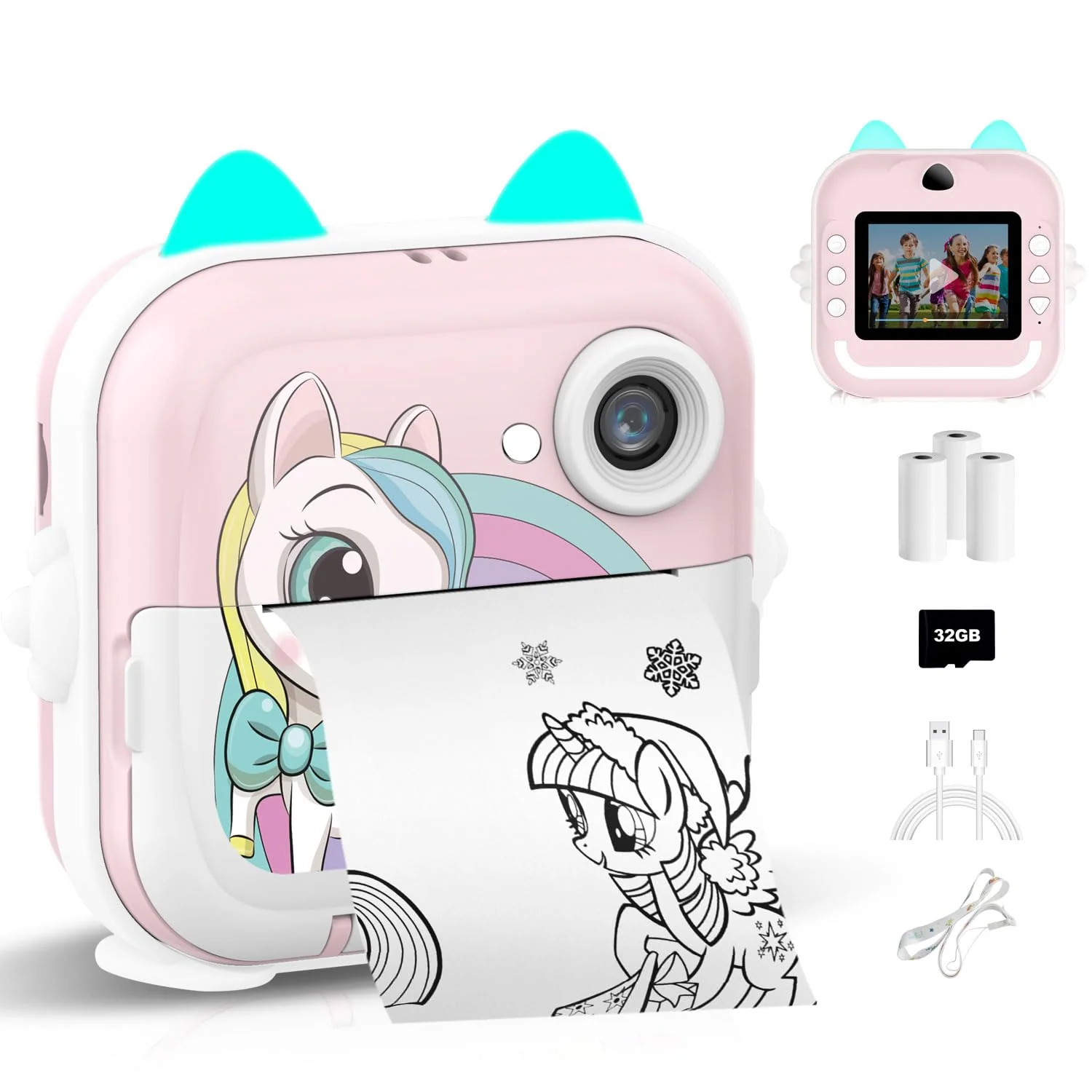Instant Print Camera for Kids, Christmas Birthday Gifts for Girls Boys, Selfie Digital Camera with 1080P Videos, Portable Travel Camera Toy for 6+ Years Old Girl with Print Paper & 32G Card Pink