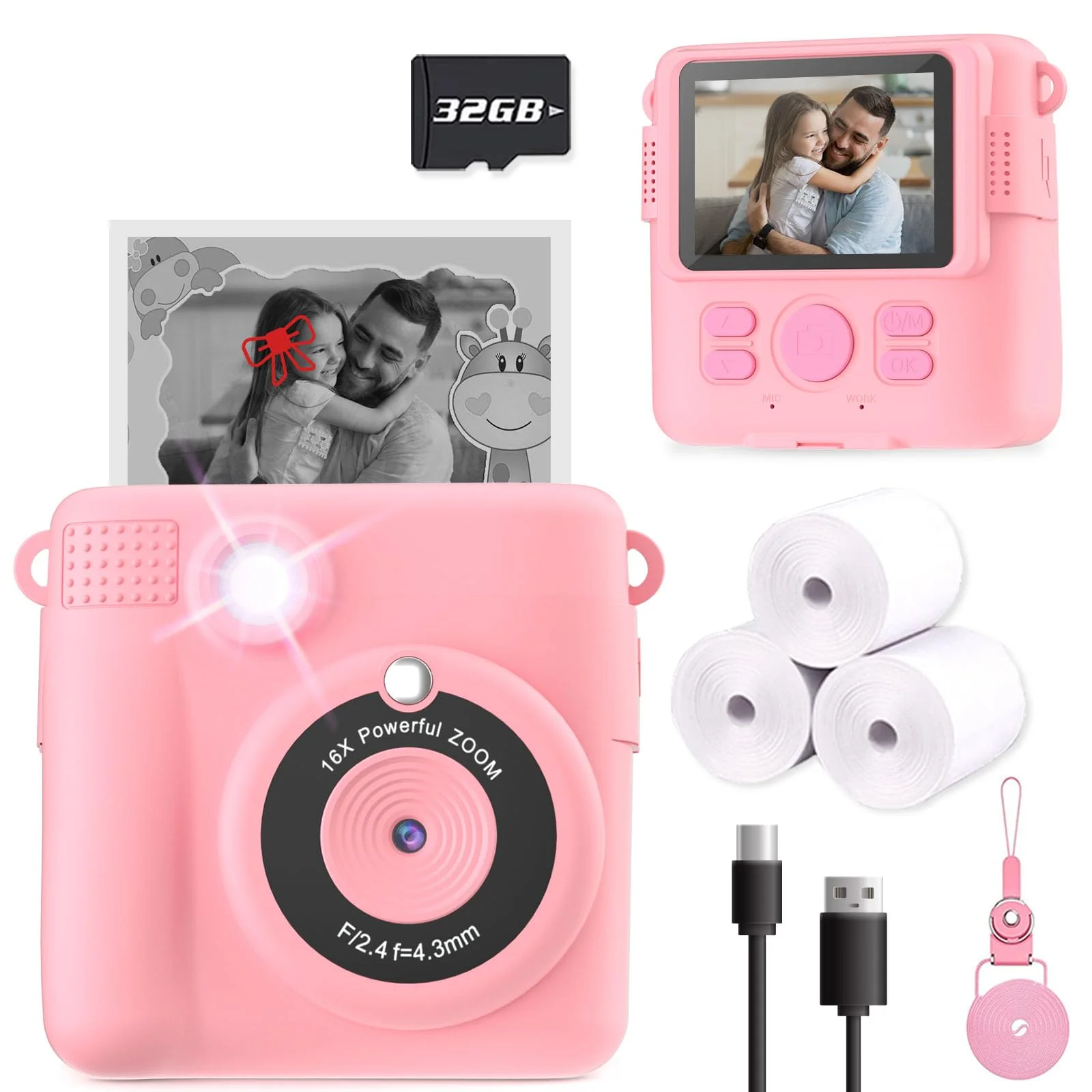 Instant Print Camera for Kids, Christmas Birthday Gifts Girls Boys Age 3-12, HD Digital Video Cameras Toddler, Portable Toy 3 4 5 6 7 8 9 10 Year Old Girl with 32GB SD Card-Pink Pink