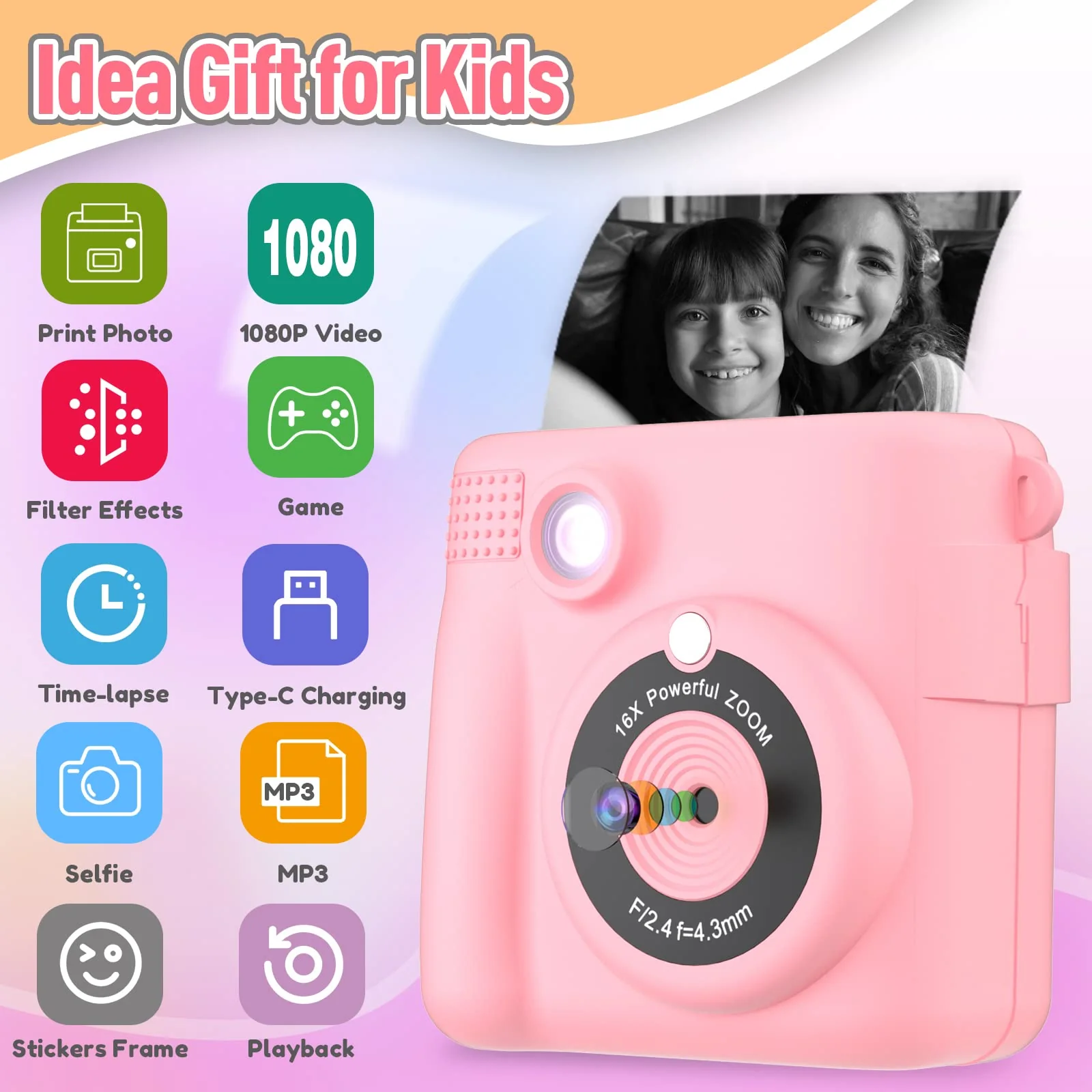Instant Print Camera for Kids, Christmas Birthday Gifts Girls Boys Age 3-12, HD Digital Video Cameras Toddler, Portable Toy 3 4 5 6 7 8 9 10 Year Old Girl with 32GB SD Card-Pink Pink - Image 2