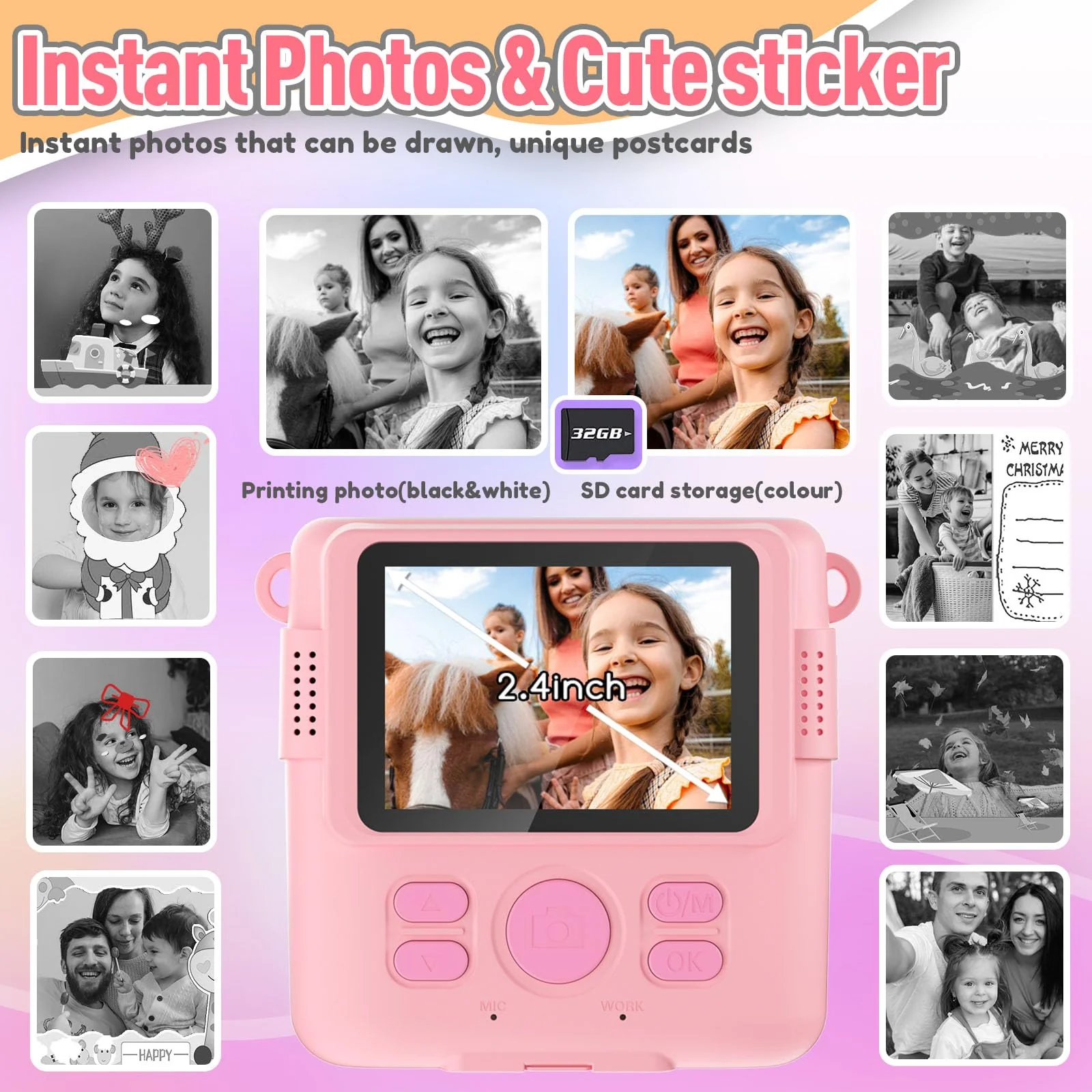 Instant Print Camera for Kids, Christmas Birthday Gifts Girls Boys Age 3-12, HD Digital Video Cameras Toddler, Portable Toy 3 4 5 6 7 8 9 10 Year Old Girl with 32GB SD Card-Pink Pink - Image 3