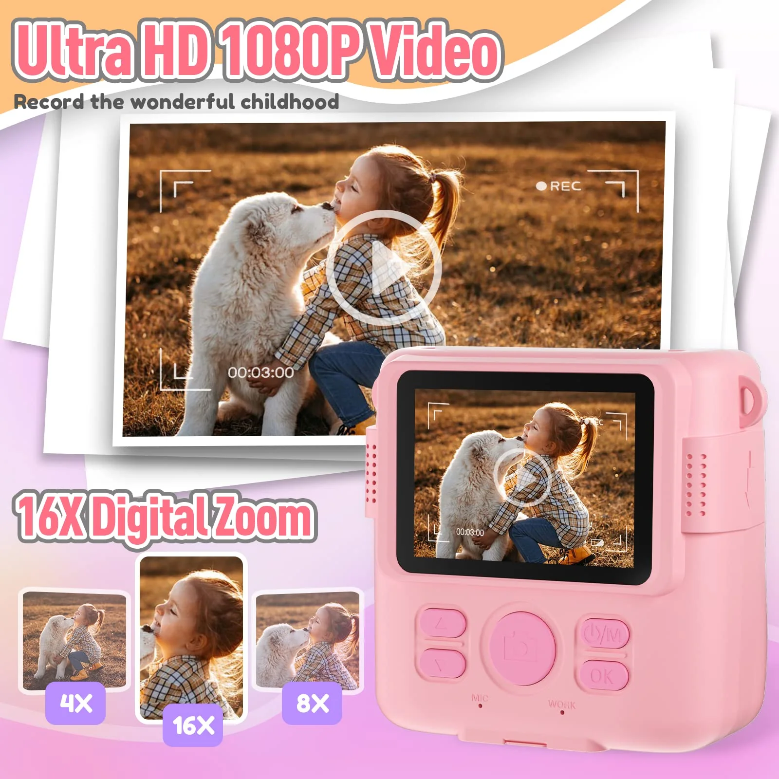 Instant Print Camera for Kids, Christmas Birthday Gifts Girls Boys Age 3-12, HD Digital Video Cameras Toddler, Portable Toy 3 4 5 6 7 8 9 10 Year Old Girl with 32GB SD Card-Pink Pink - Image 4