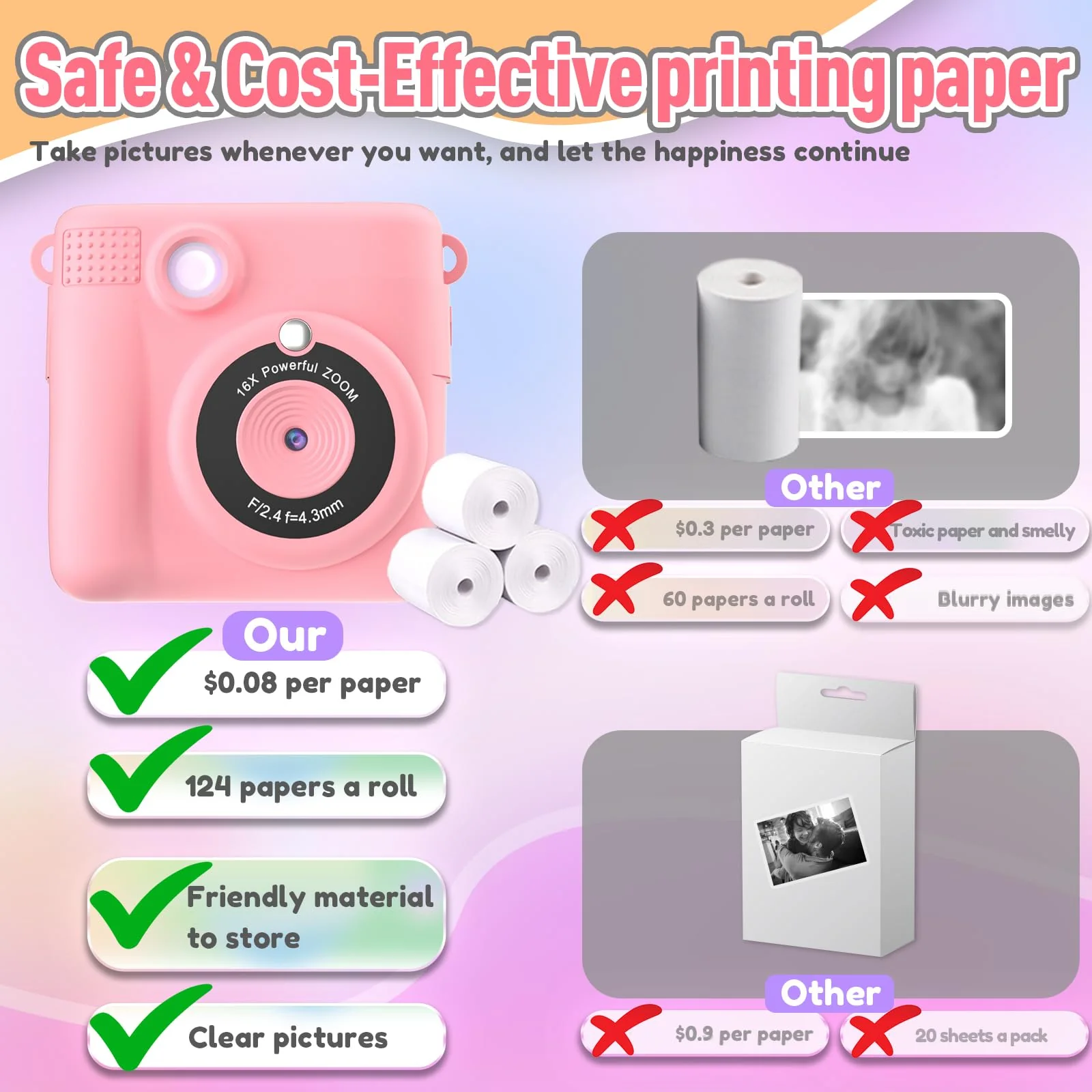 Instant Print Camera for Kids, Christmas Birthday Gifts Girls Boys Age 3-12, HD Digital Video Cameras Toddler, Portable Toy 3 4 5 6 7 8 9 10 Year Old Girl with 32GB SD Card-Pink Pink - Image 5