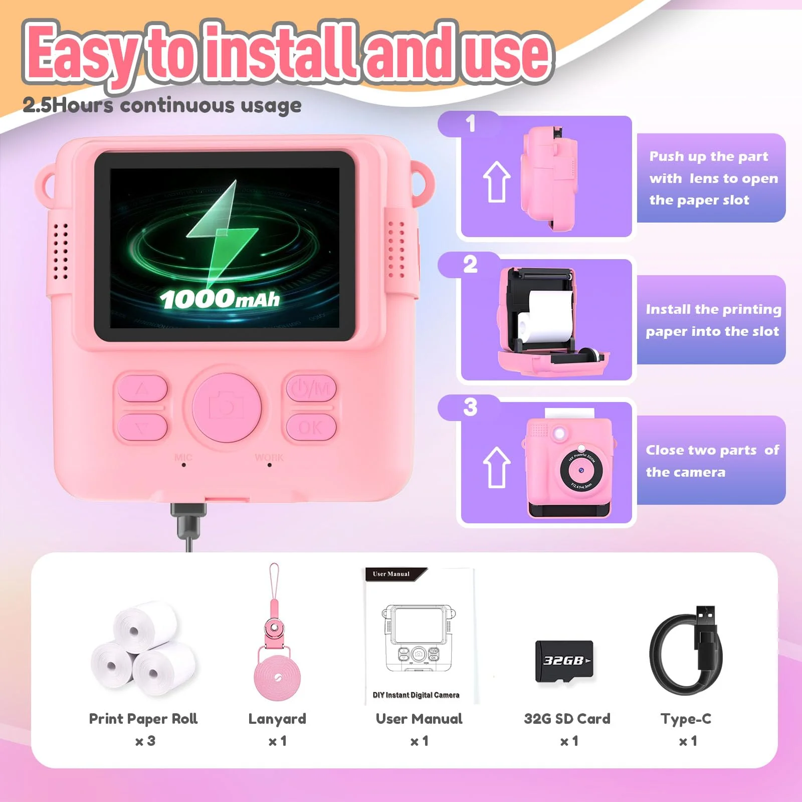 Instant Print Camera for Kids, Christmas Birthday Gifts Girls Boys Age 3-12, HD Digital Video Cameras Toddler, Portable Toy 3 4 5 6 7 8 9 10 Year Old Girl with 32GB SD Card-Pink Pink - Image 6