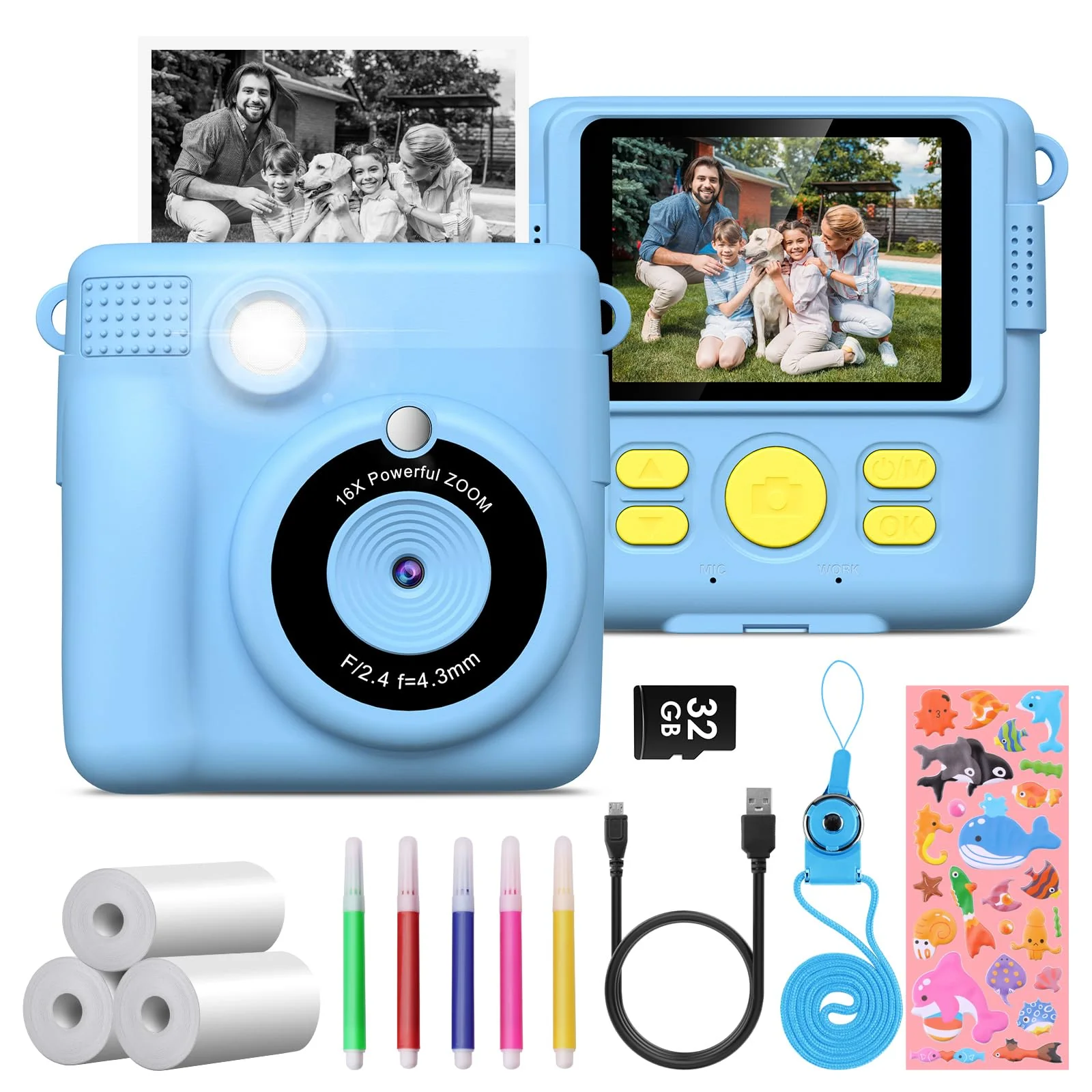 Instant Print Camera for Kids,GREENKINDER Kids Instant Camera, Birthday Gifts for Girls Boys,2.4-Inch/1080P with 32GB Card and Print Card for Girls 3-12 years old (Blue) Blue