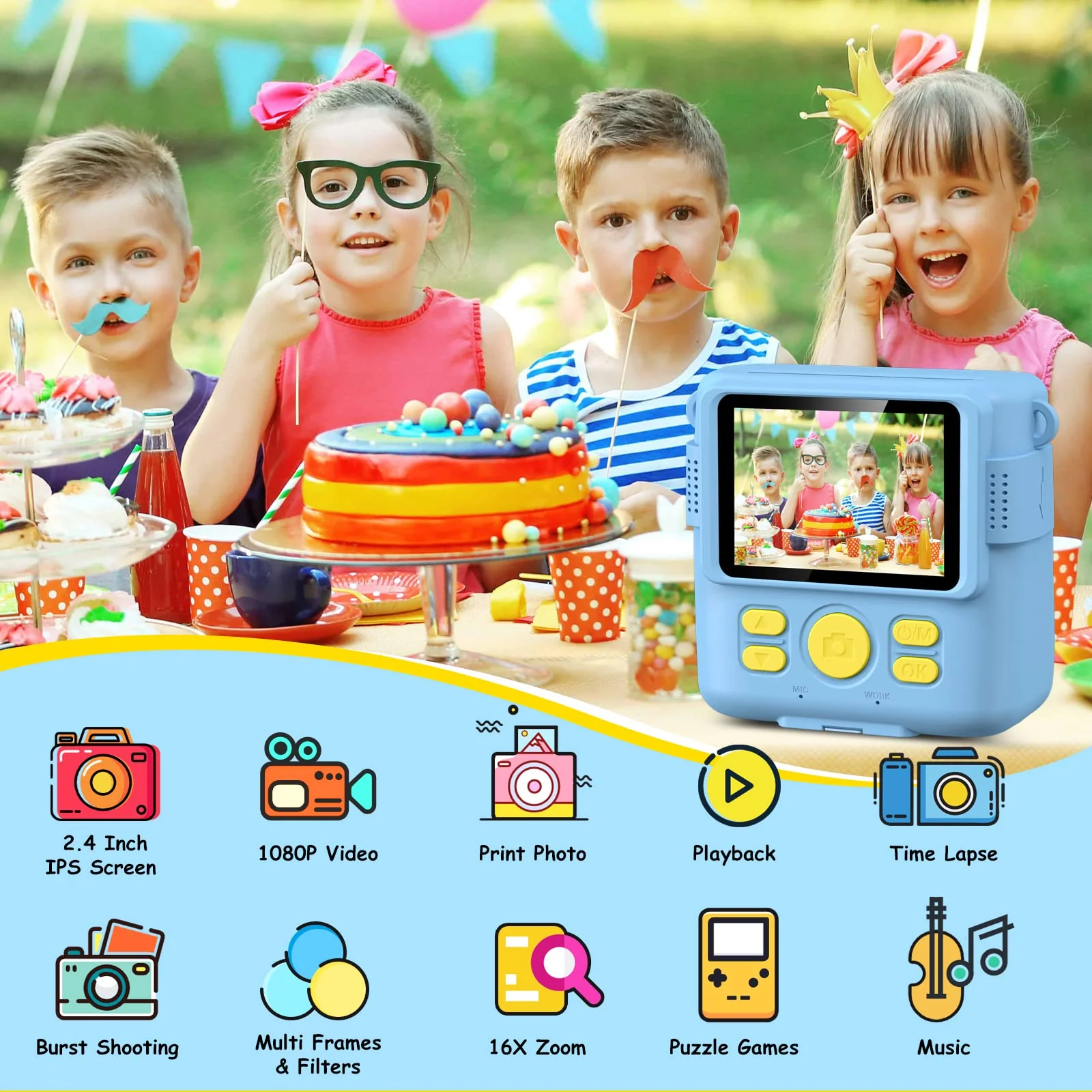 Instant Print Camera for Kids,GREENKINDER Kids Instant Camera, Birthday Gifts for Girls Boys,2.4-Inch/1080P with 32GB Card and Print Card for Girls 3-12 years old (Blue) Blue - Image 2
